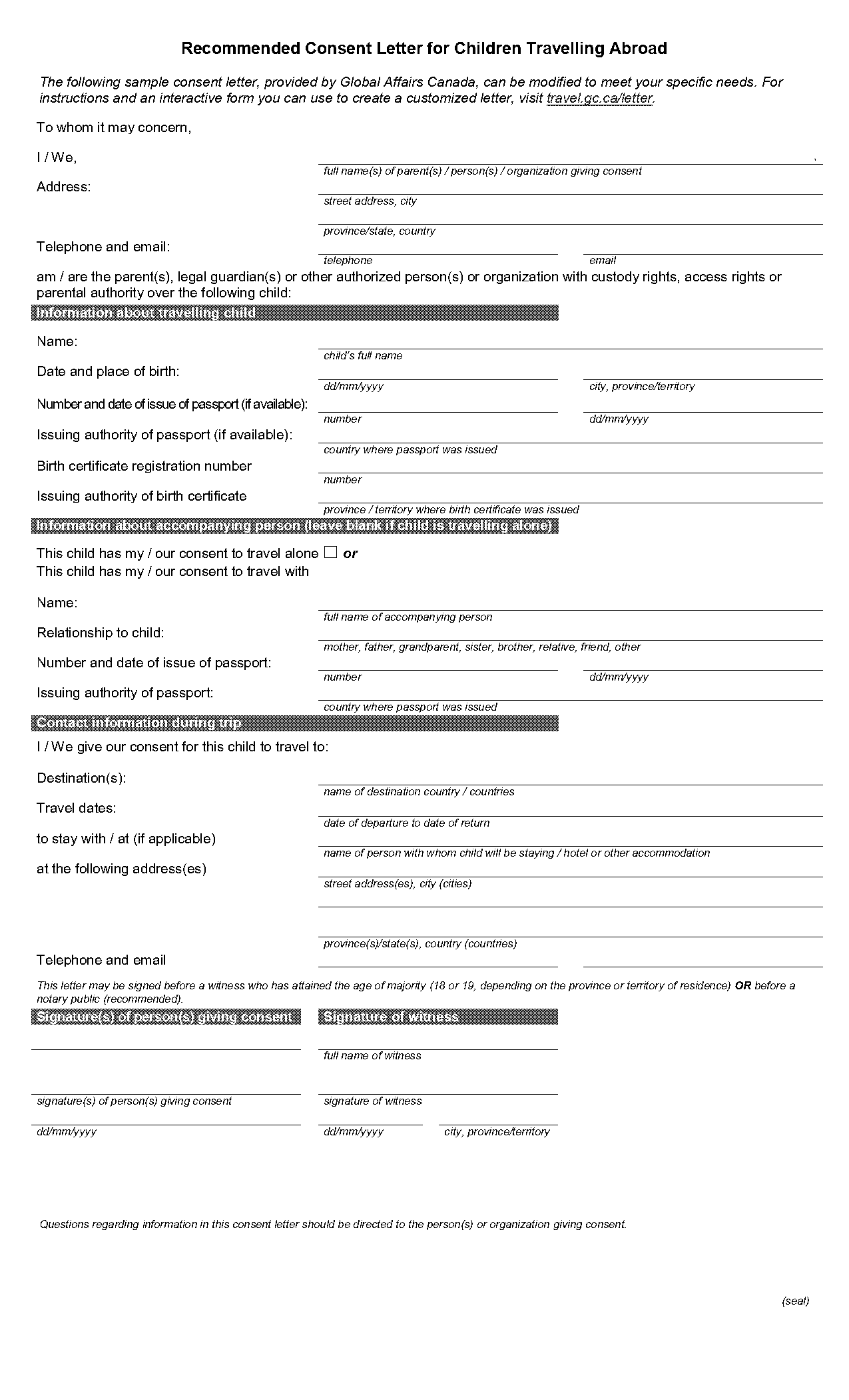 free basic parent to parent domestic travel consent form