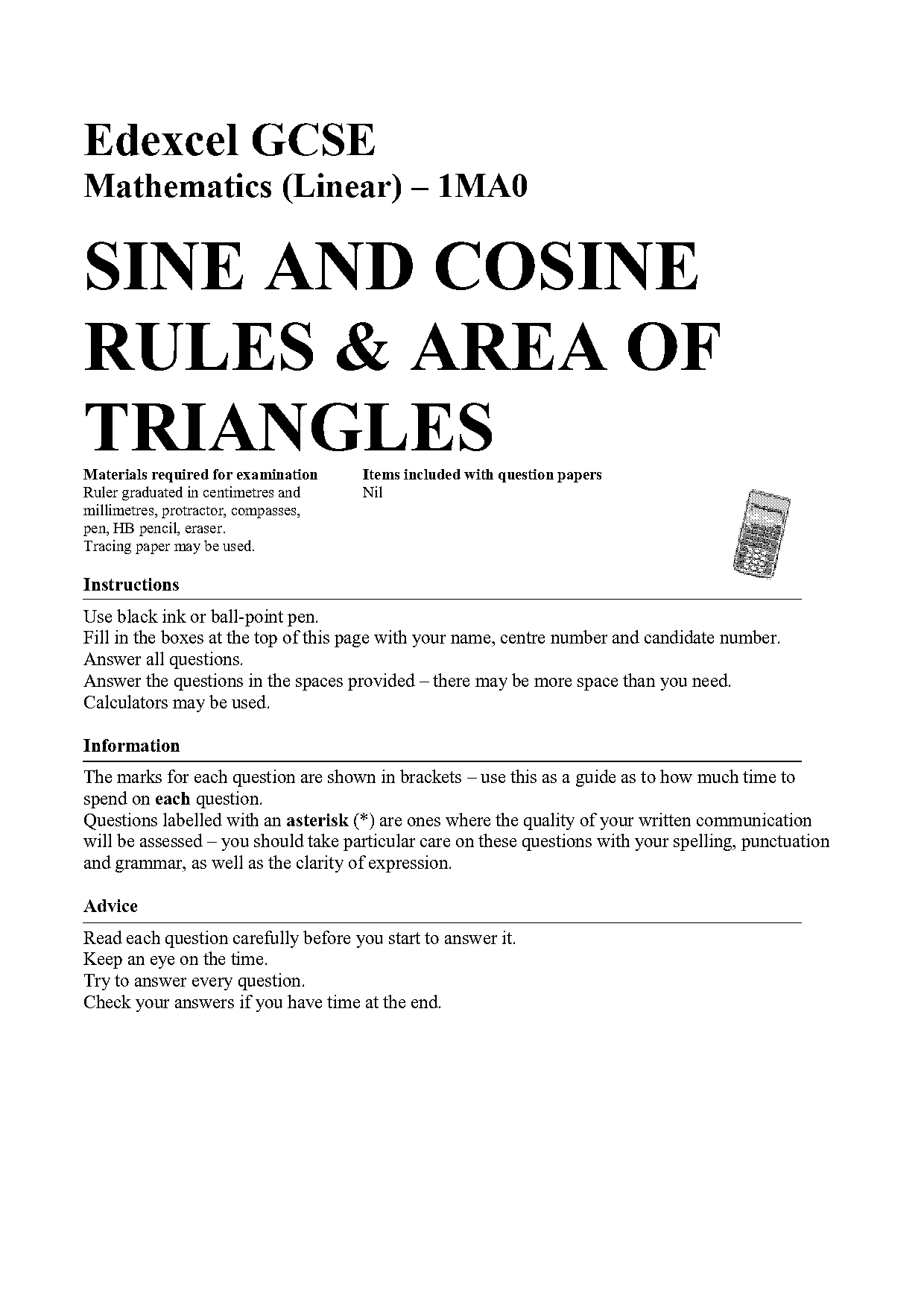 area of triangle sine worksheet