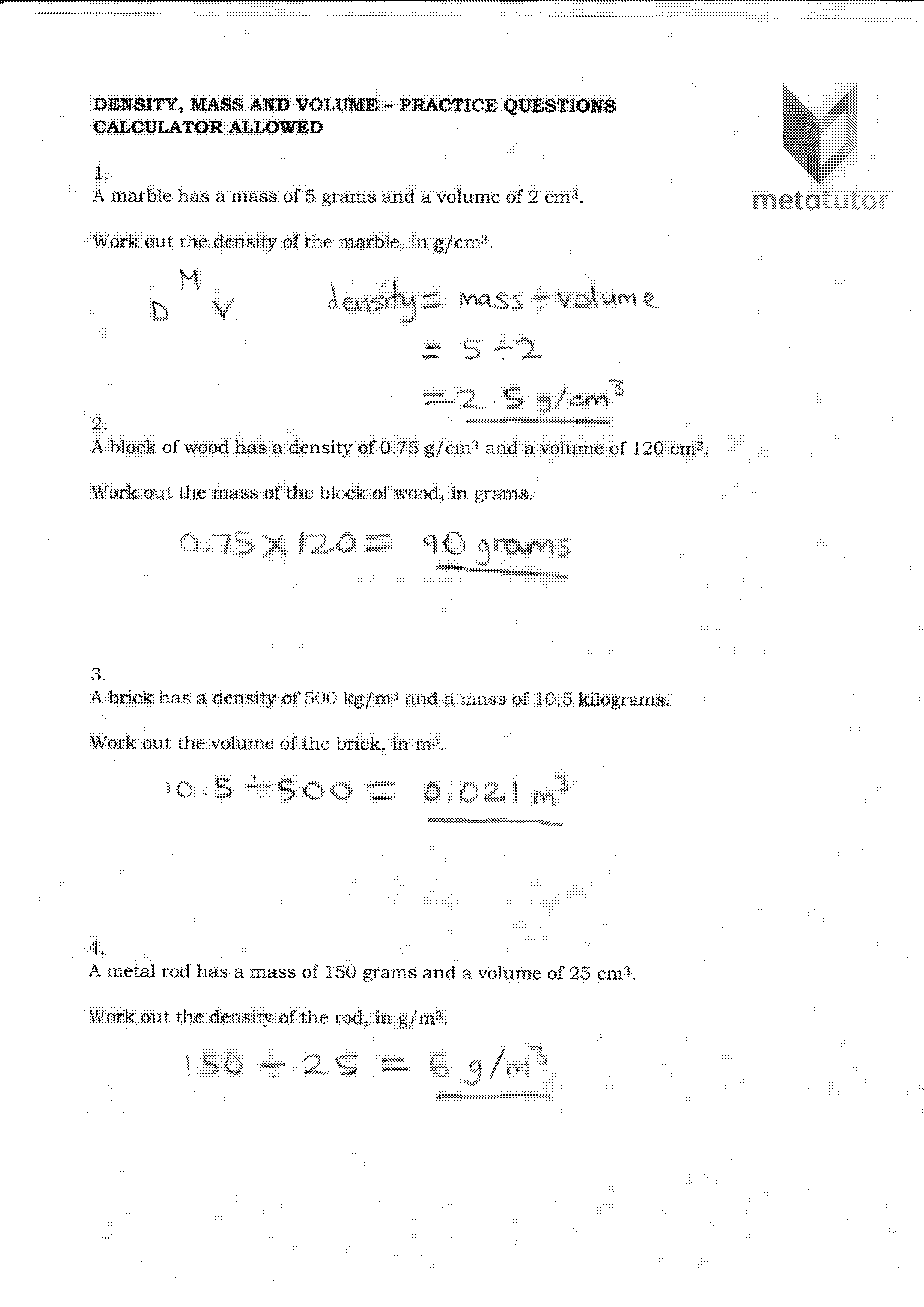 density mass and volume worksheet with answers