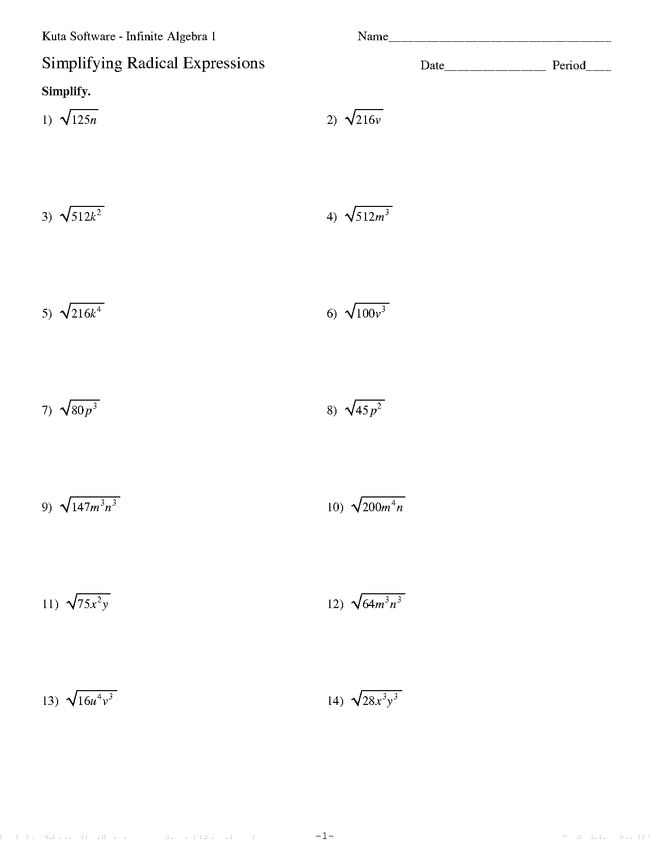 simplifying radicals fractions worksheet kuta