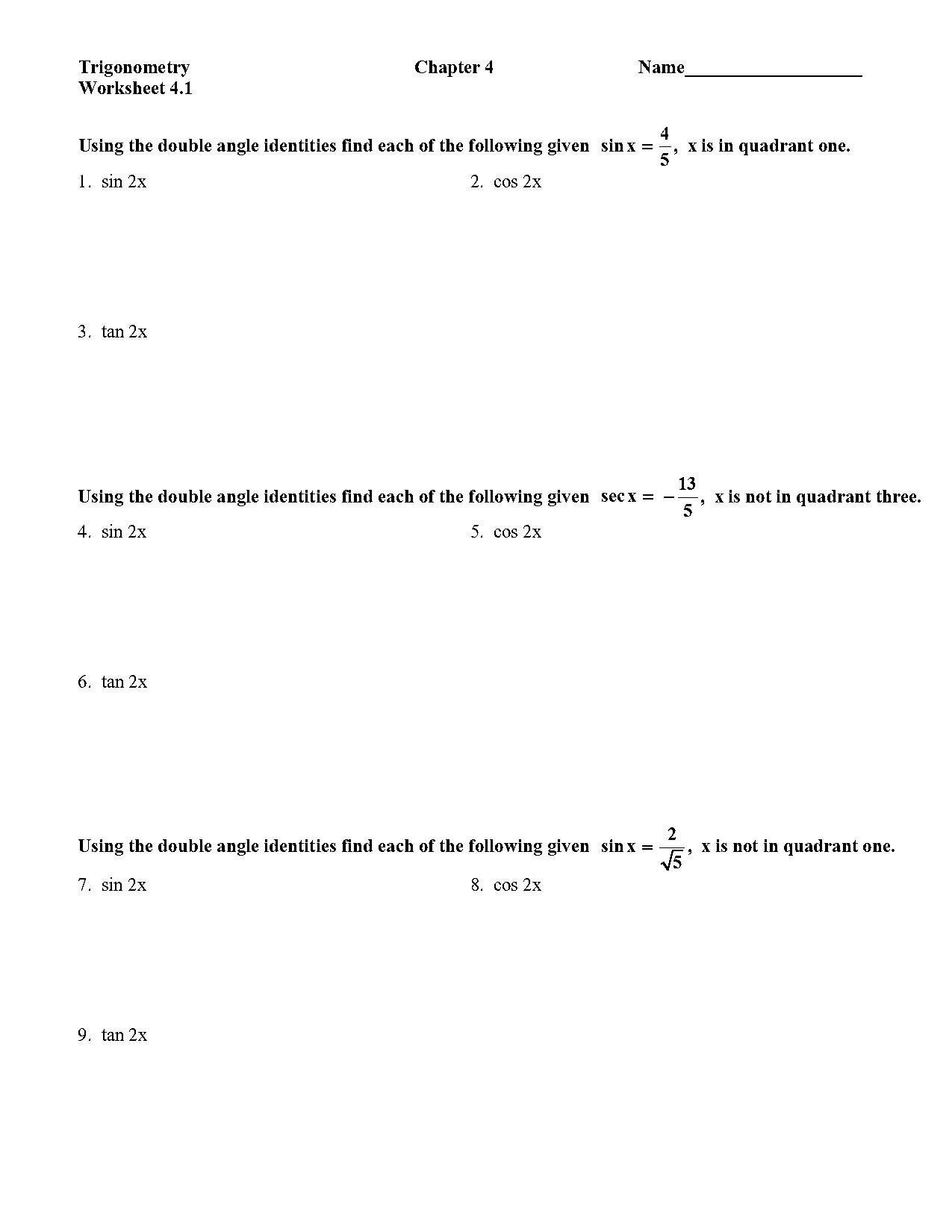 double angle trig worksheet pdf