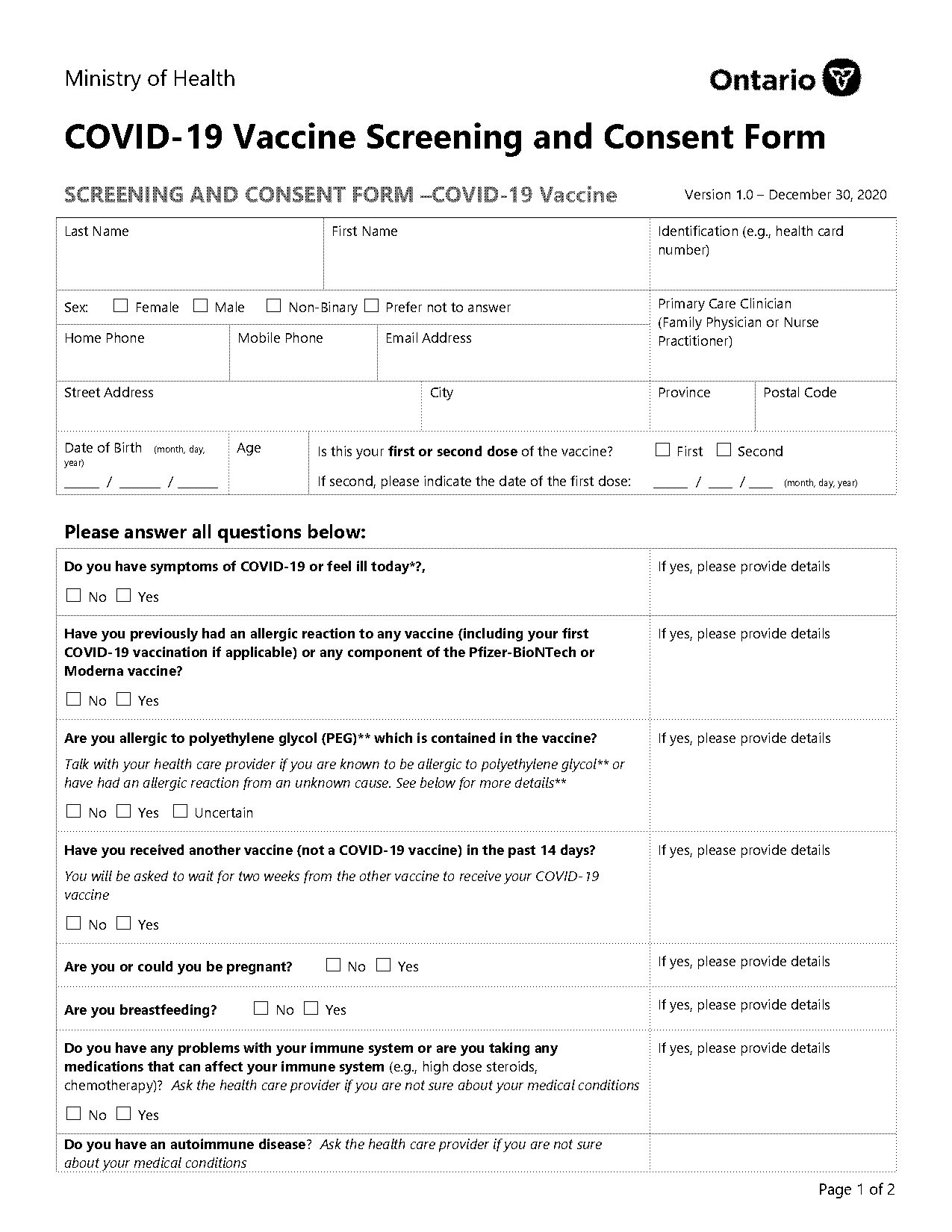 covid vaccine screening and consent form