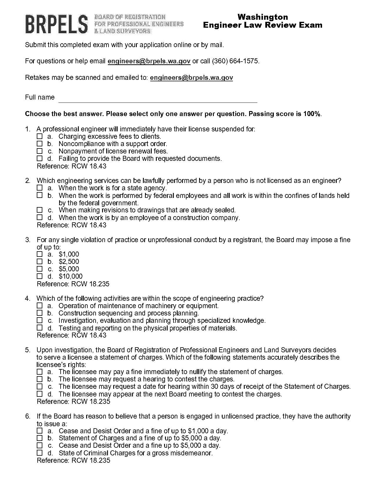 civil pe exam wa state form sample