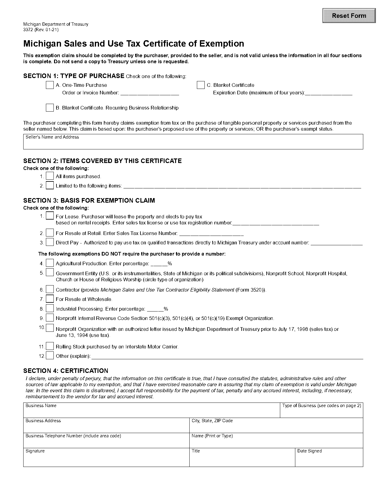 michigan tax exemption form