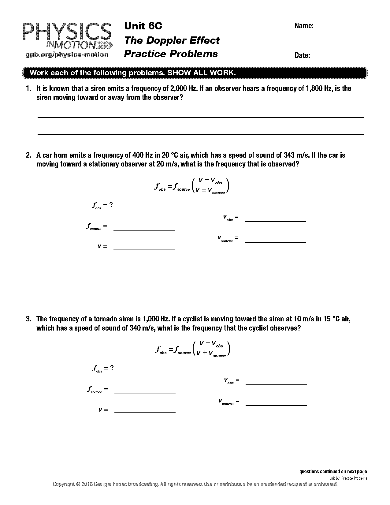 doppler effect problems worksheet