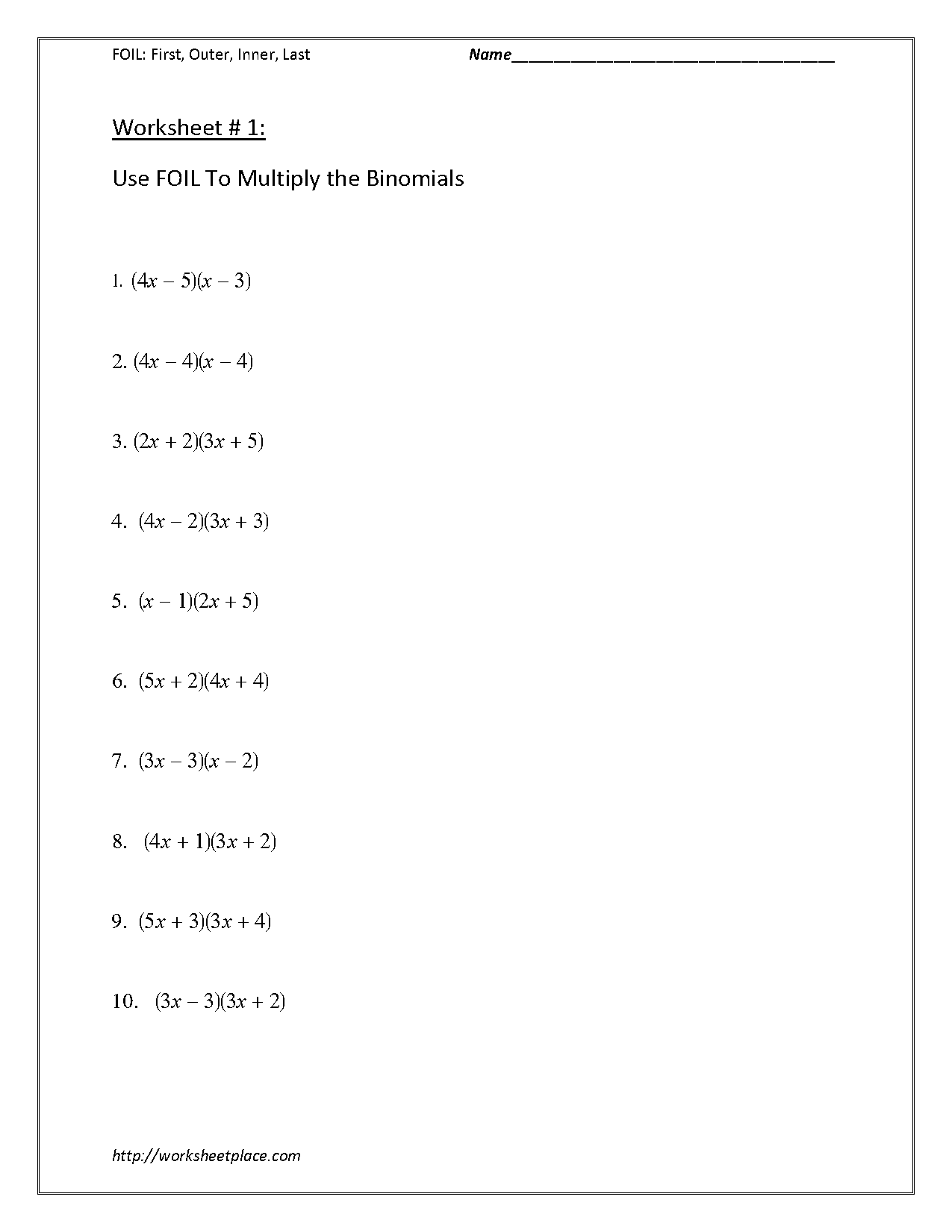 multiplying binomials using foil worksheet answers