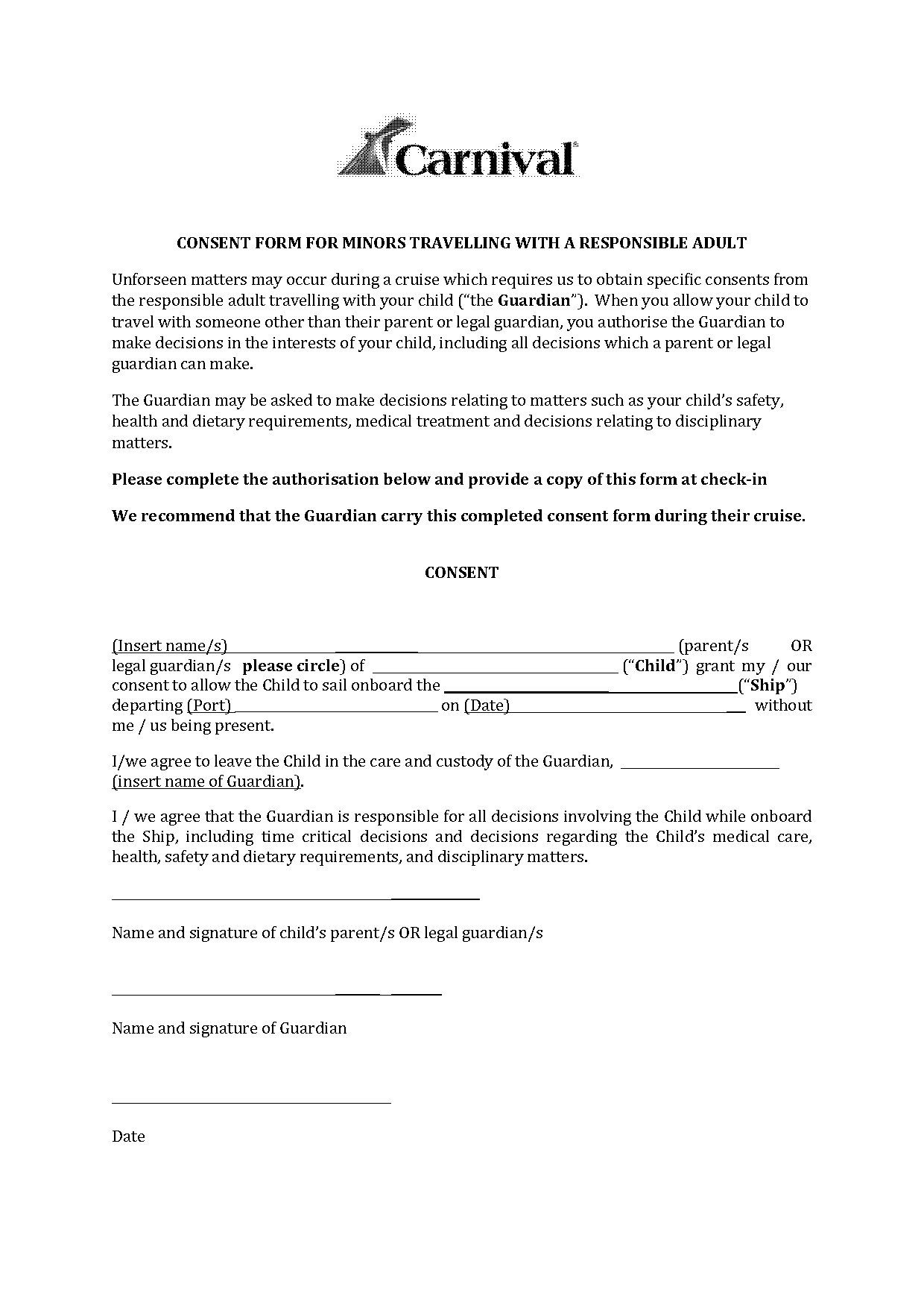 free child travel form