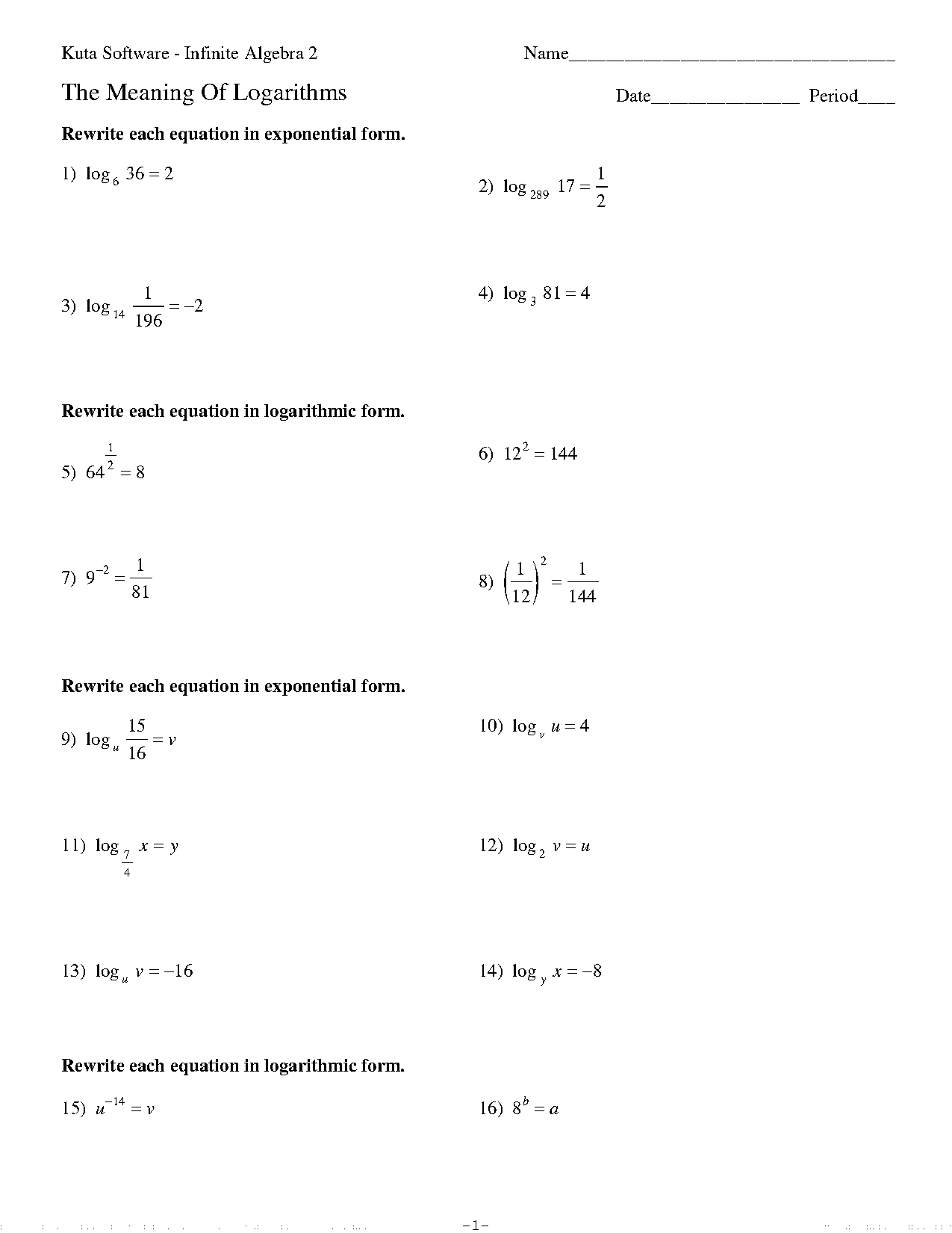 intro to logarithms worksheet answers