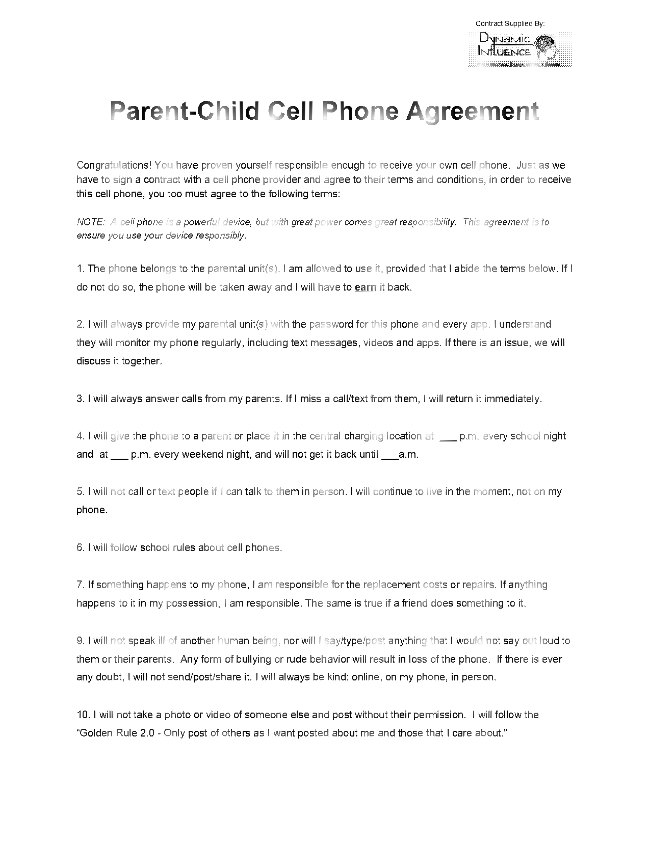 cell phone contract to child