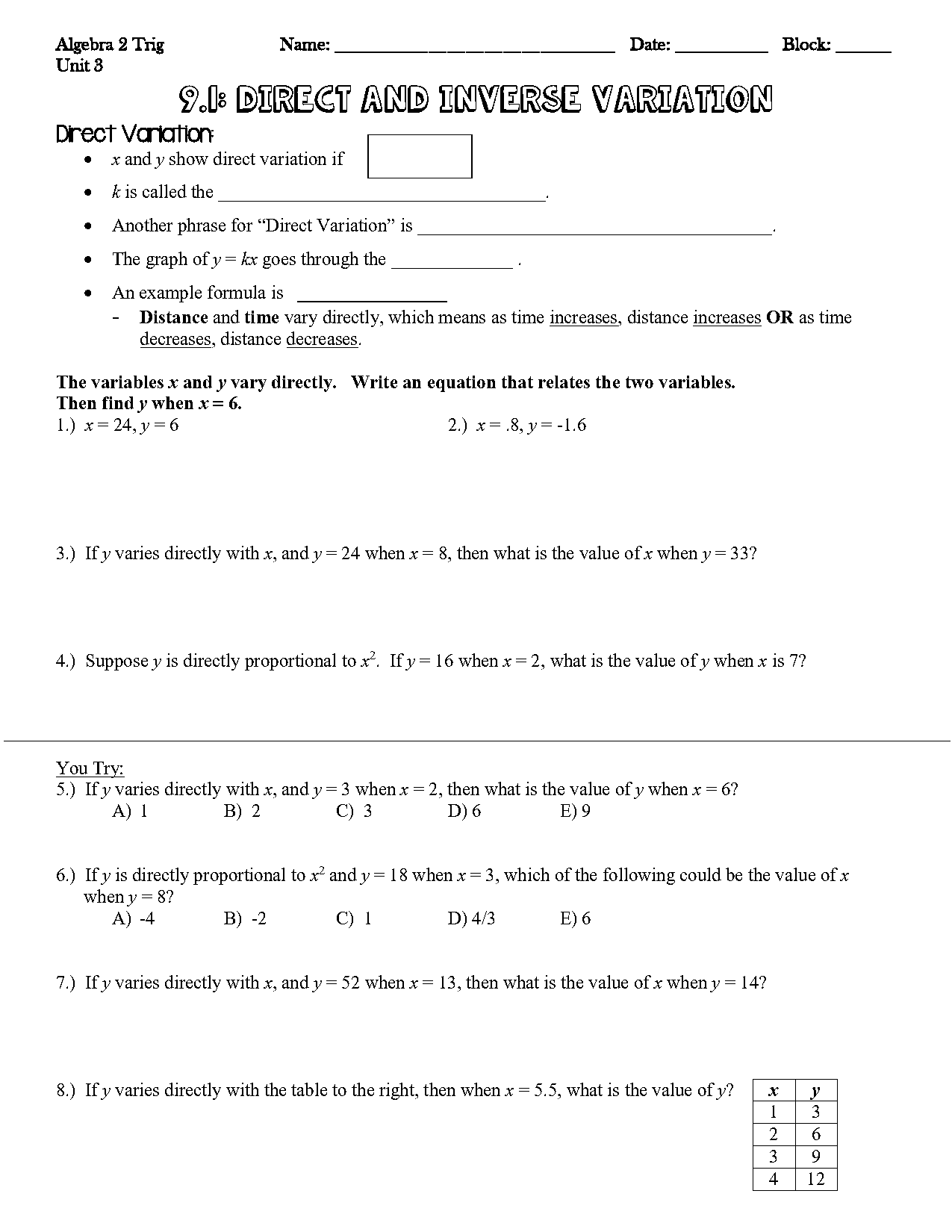 direct variation indirect variation or neither