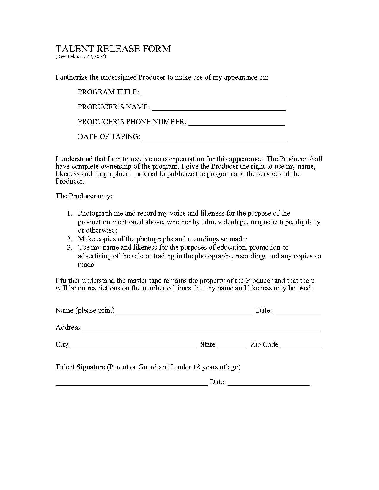 print release form free template