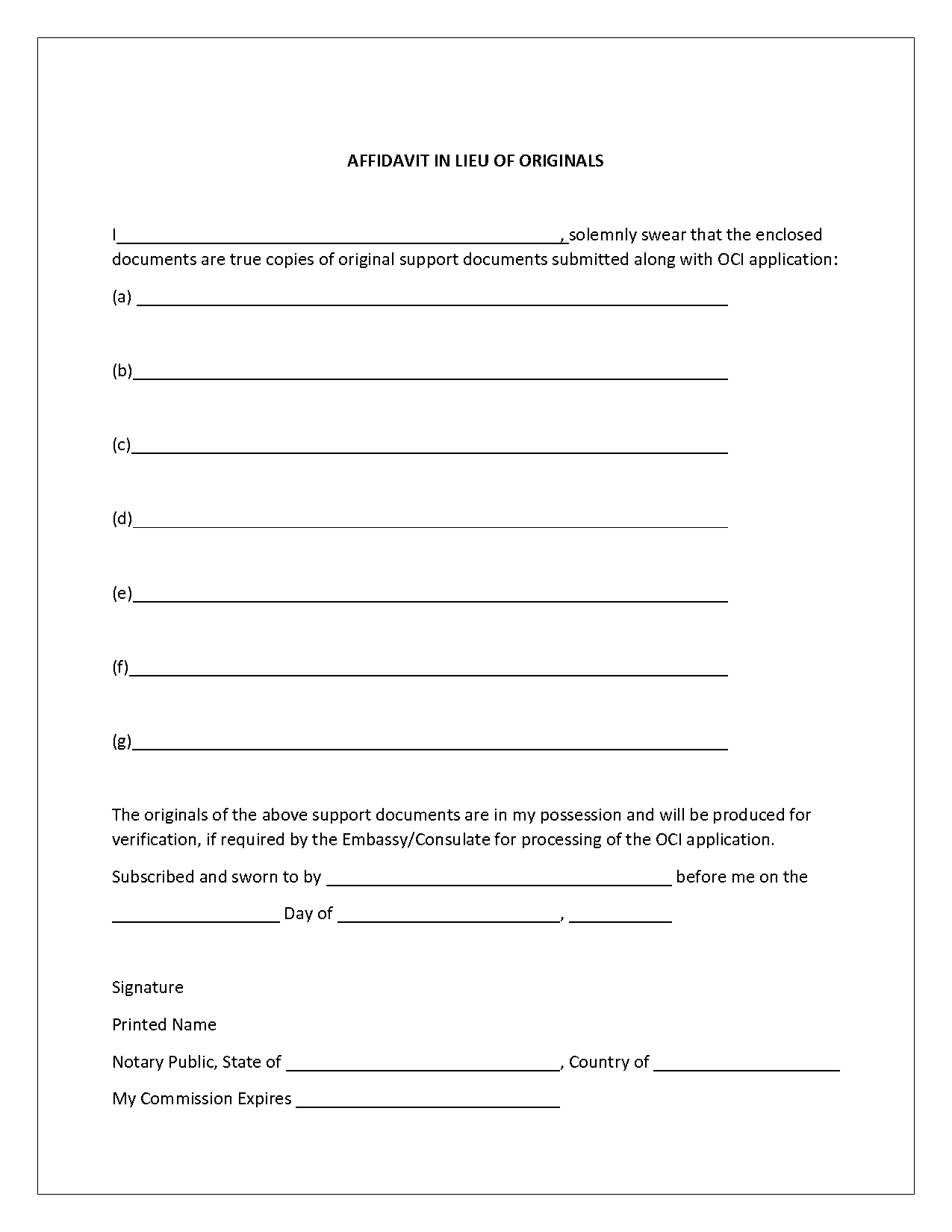 affidavit in lieu of originals oci example