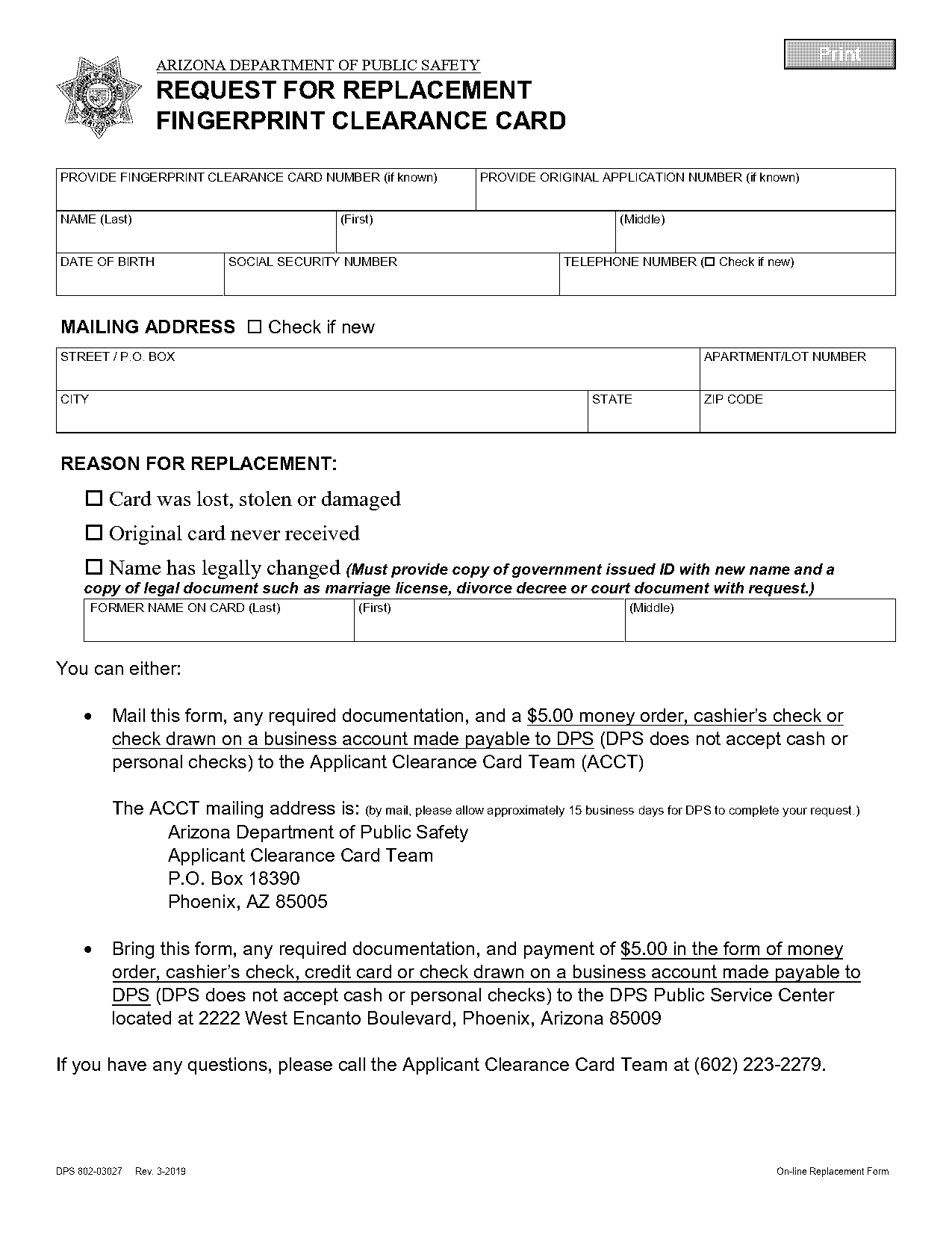 arizona fingerprint clearance card application form