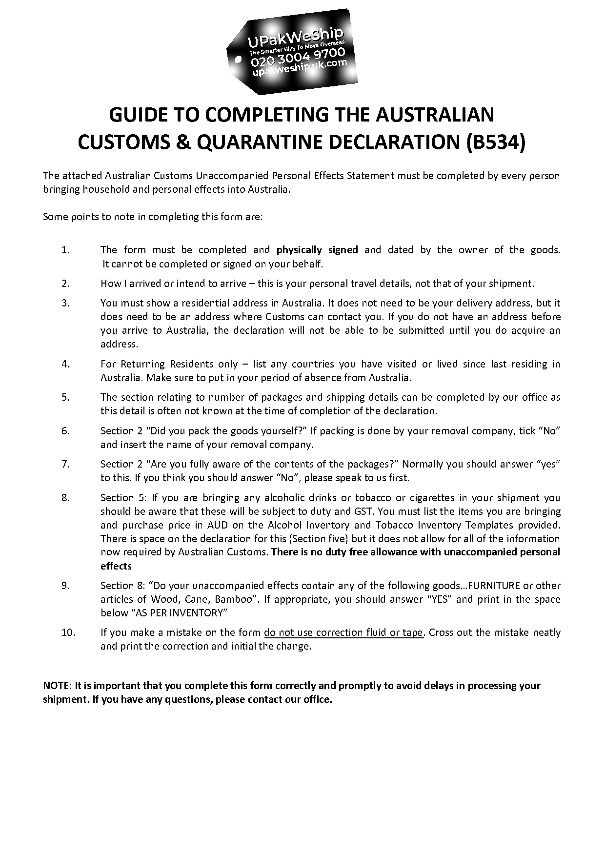 customs declaration form australia