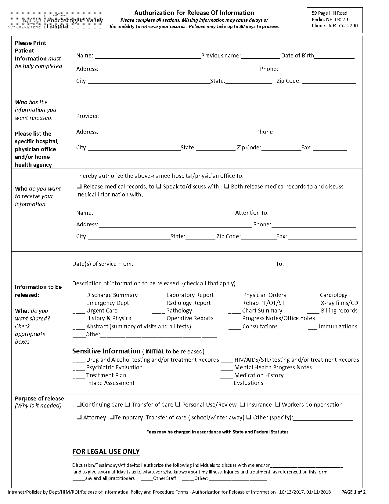 androscoggin valley hospital medical records fax number