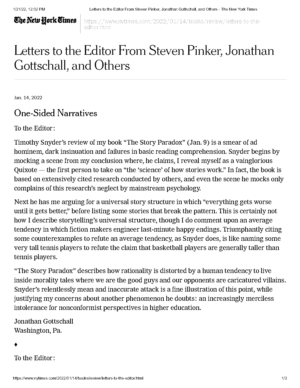 ny times letters to the editor