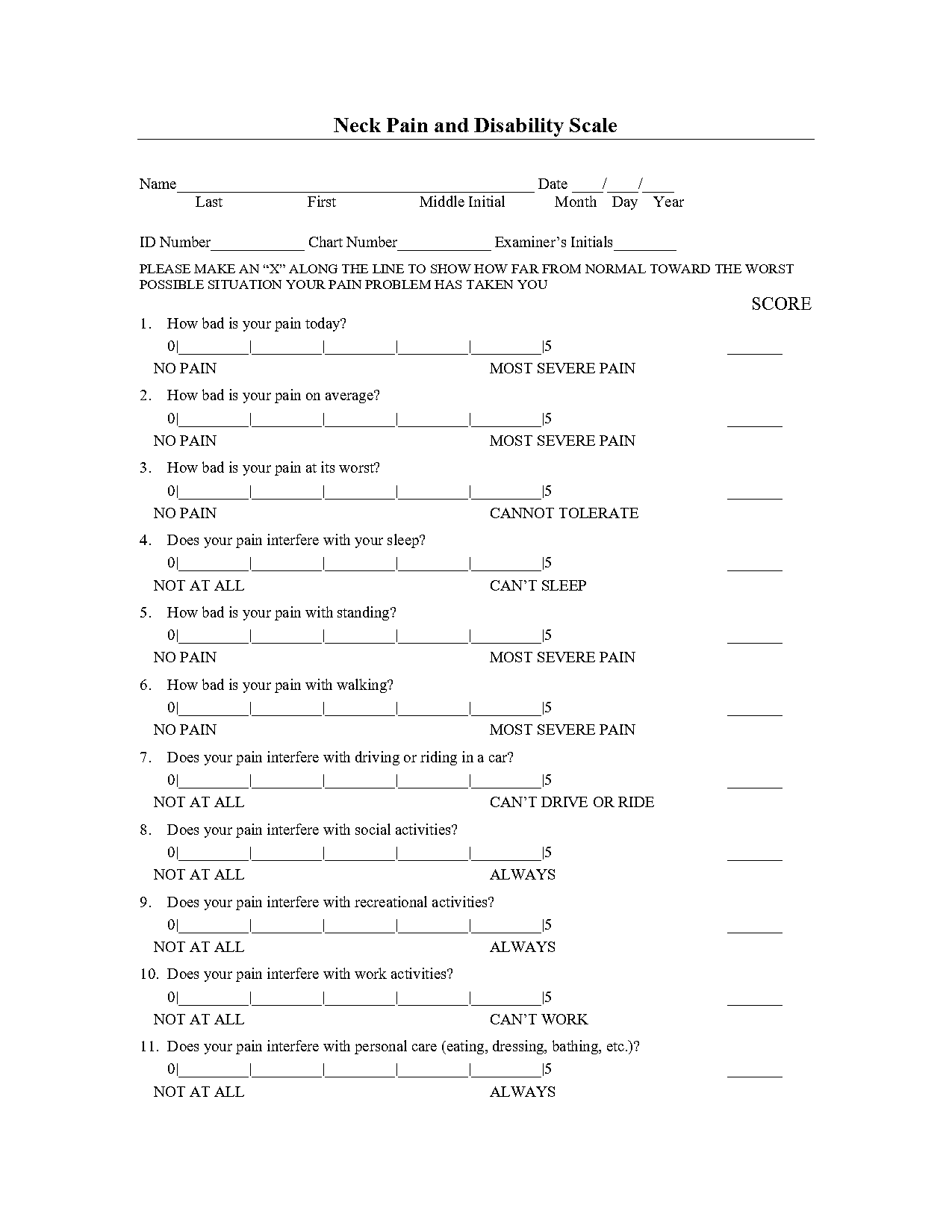 neck pain and disability index questionnaire