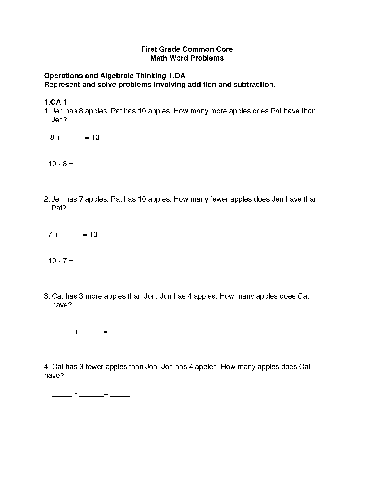 math word problems worksheet for first grade