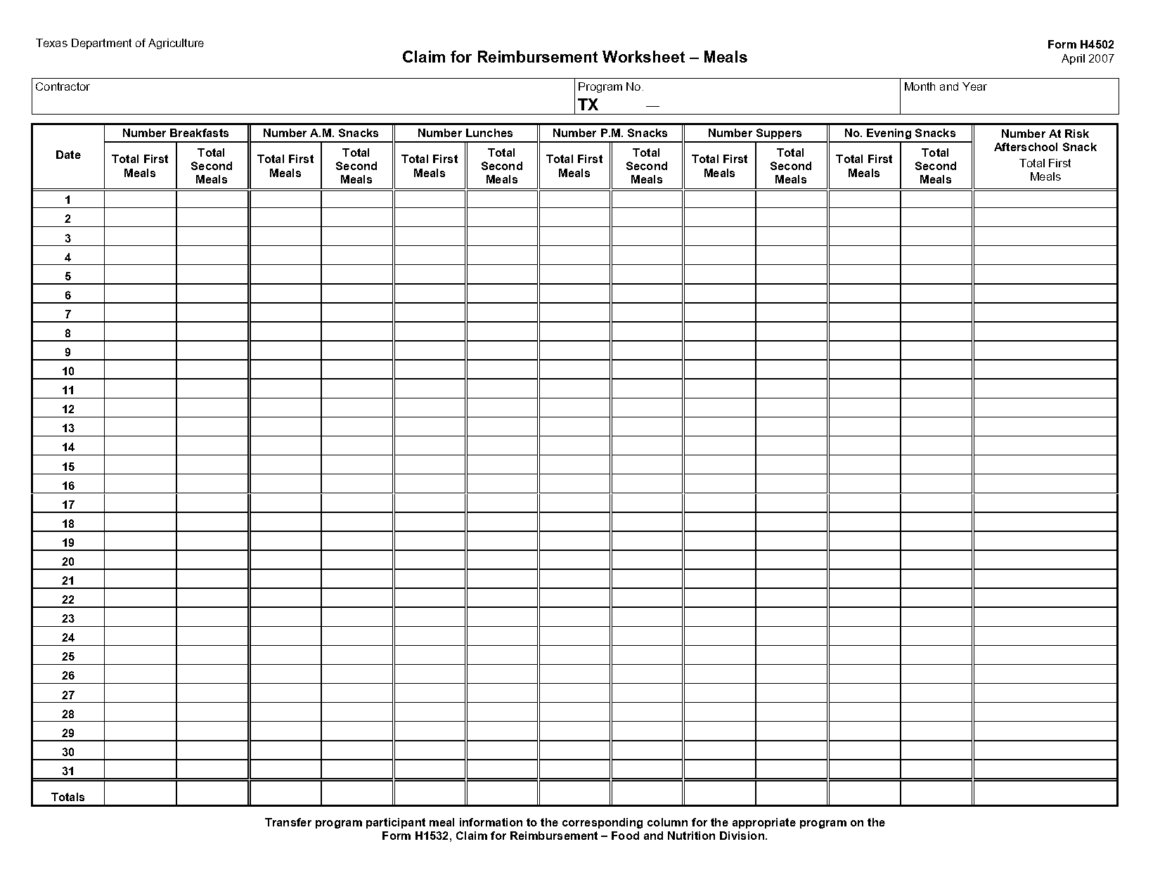 cacfp claim for reimbursement form