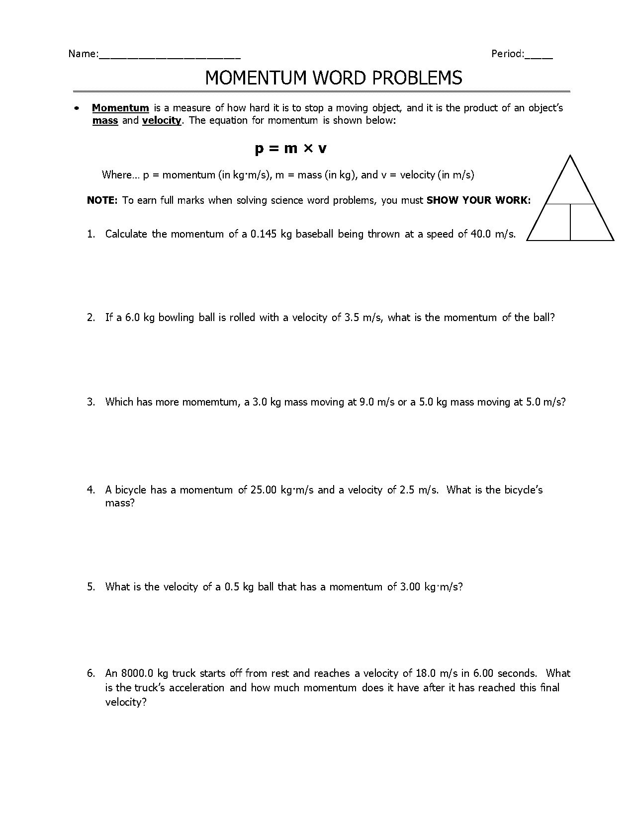 simple momentum problems worksheet