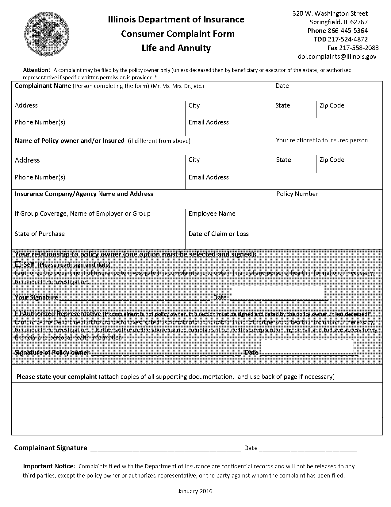 il department of insurance complaint form