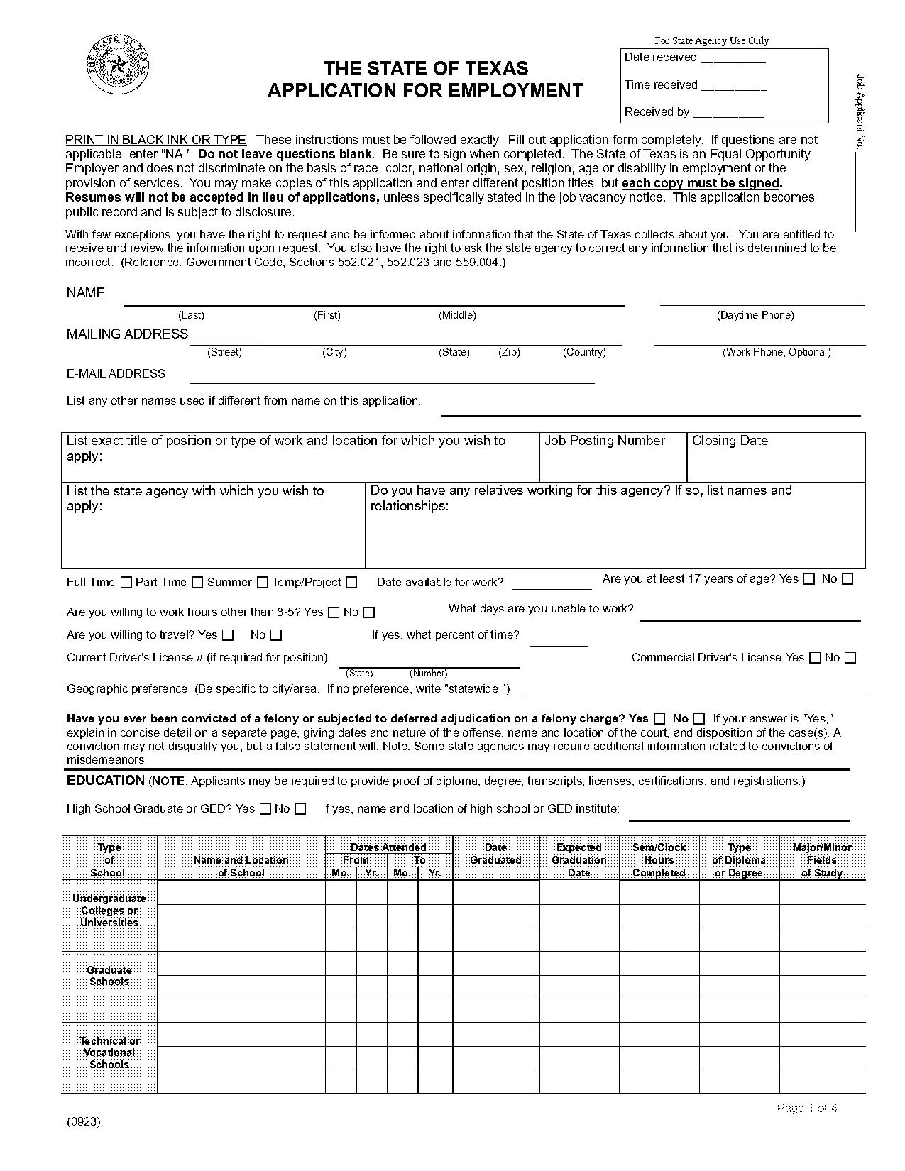 free employment application texas