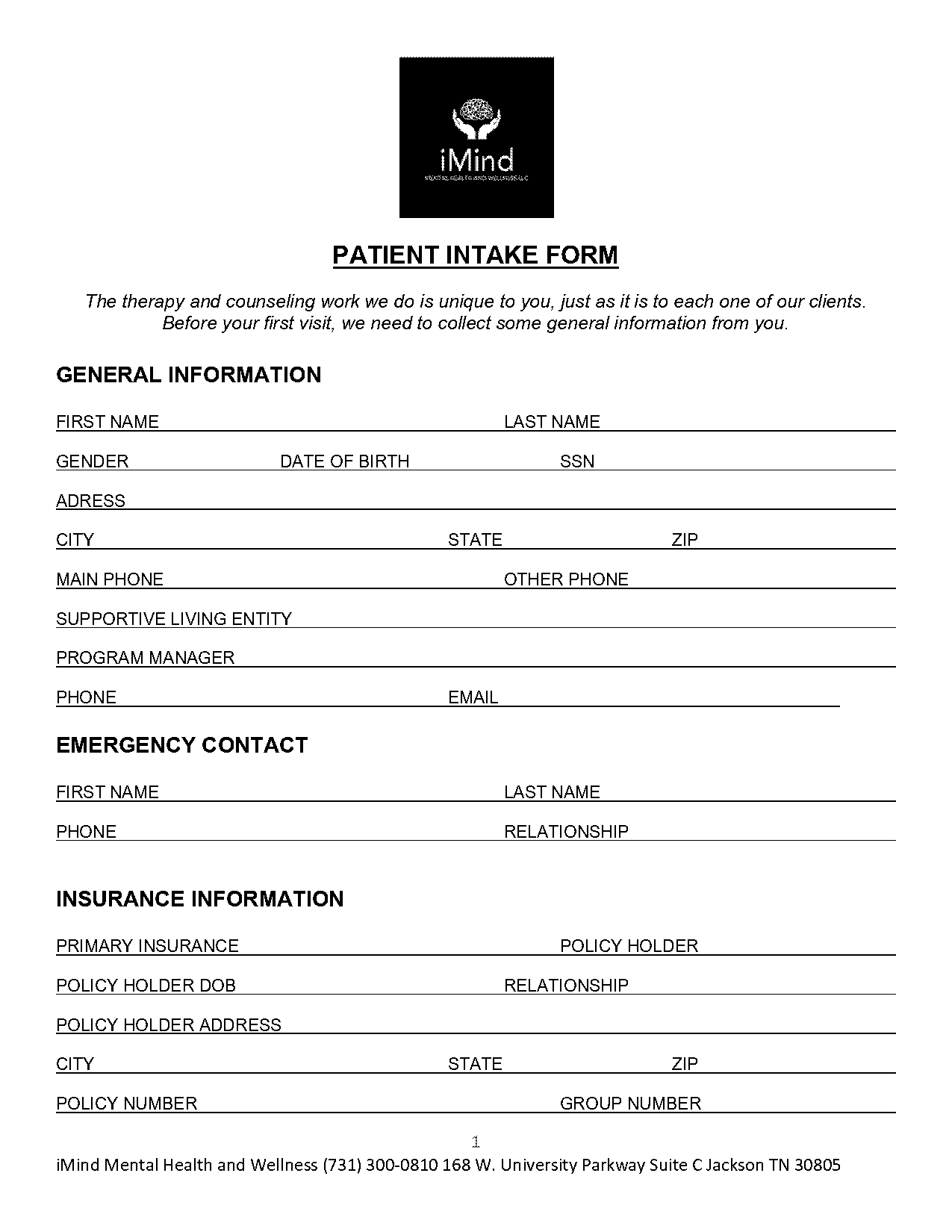 intake forms for mental health services