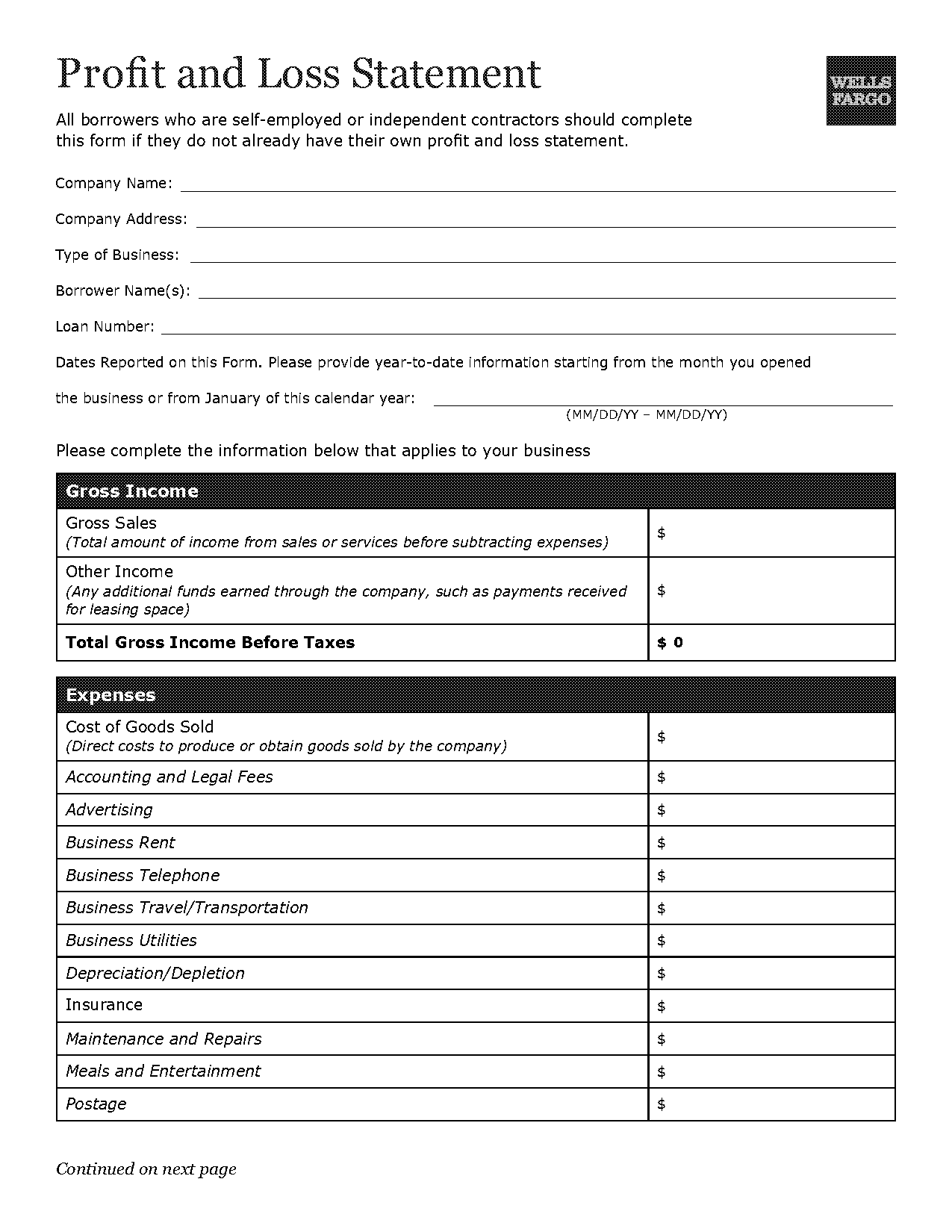 profit loss statement template