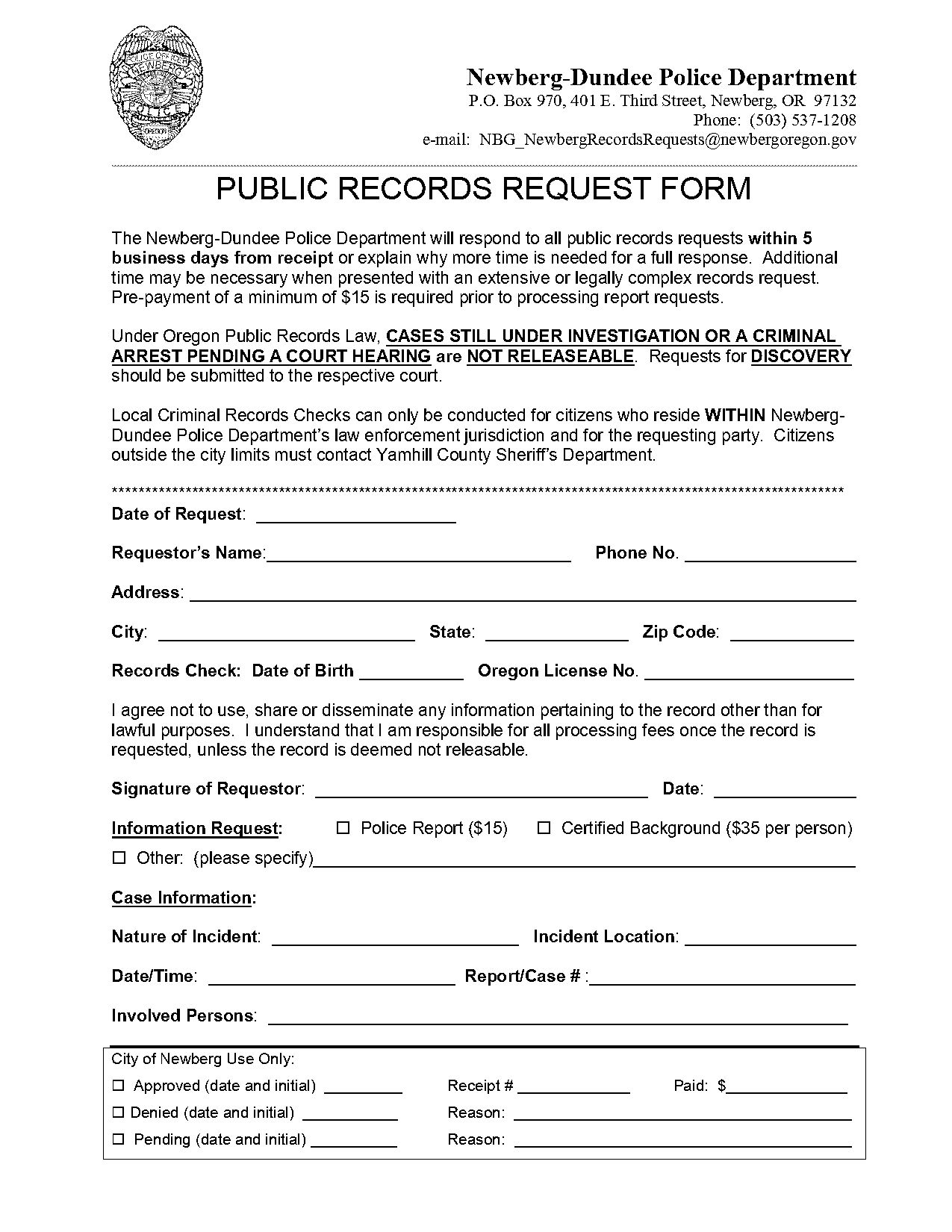 newberg police department records