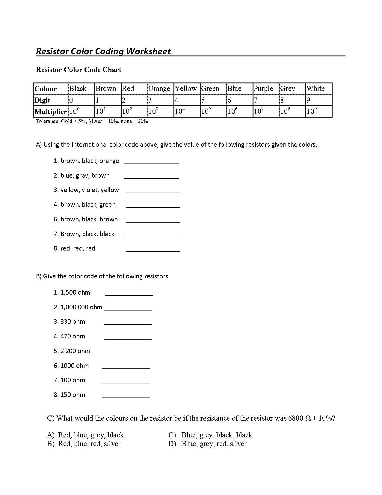 resistor color coding worksheet pdf