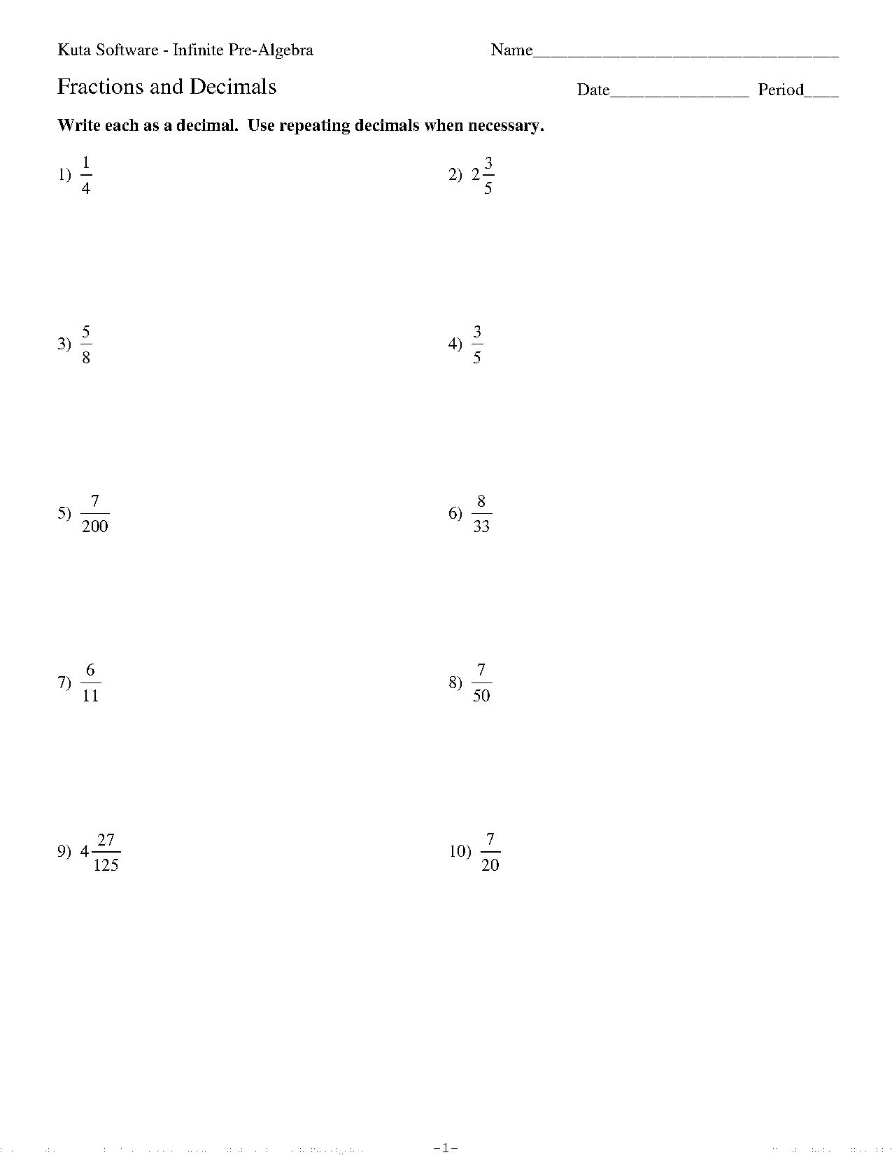 convert improper fraction to decimal worksheet