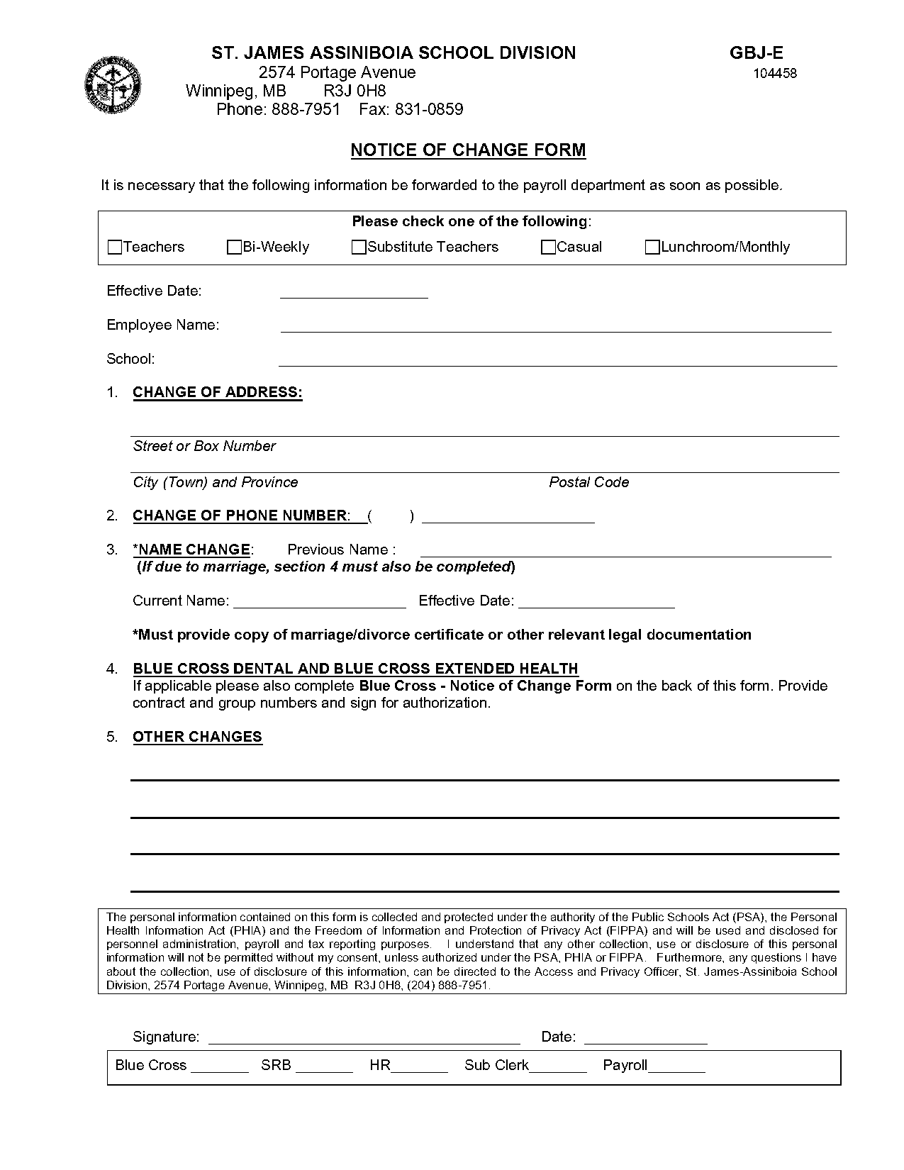 blue cross notice of change form