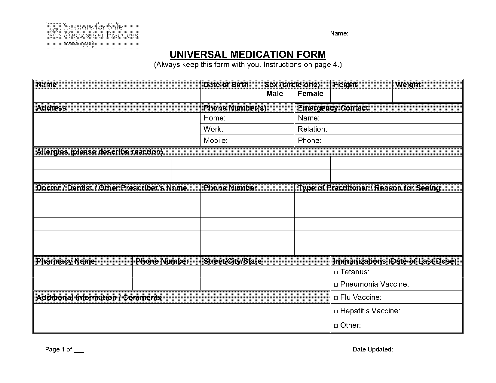 form for list of current medications