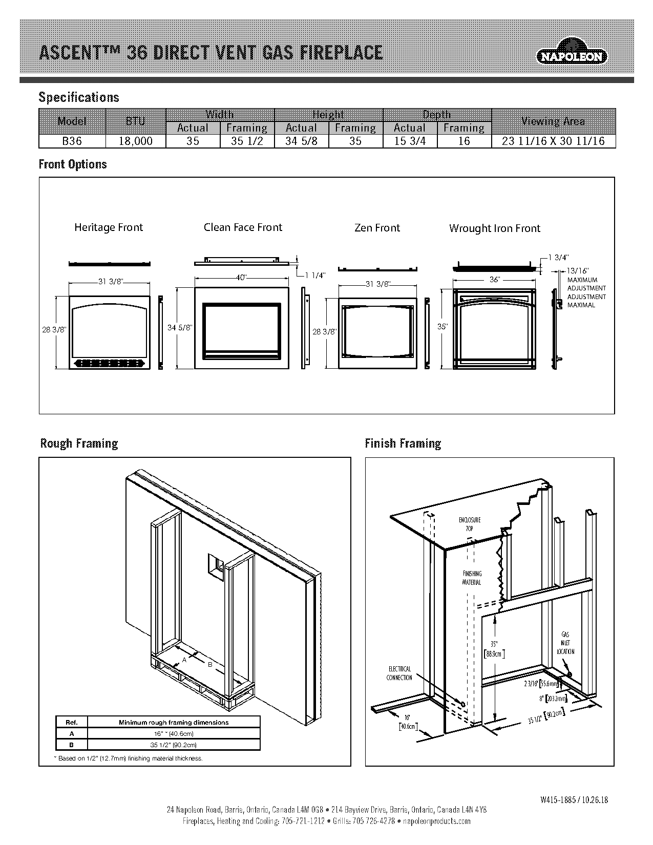 direct vent gas fireplace dimensions