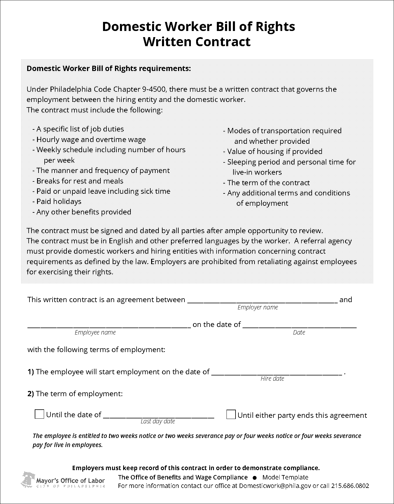 agreement between employer and employee formats