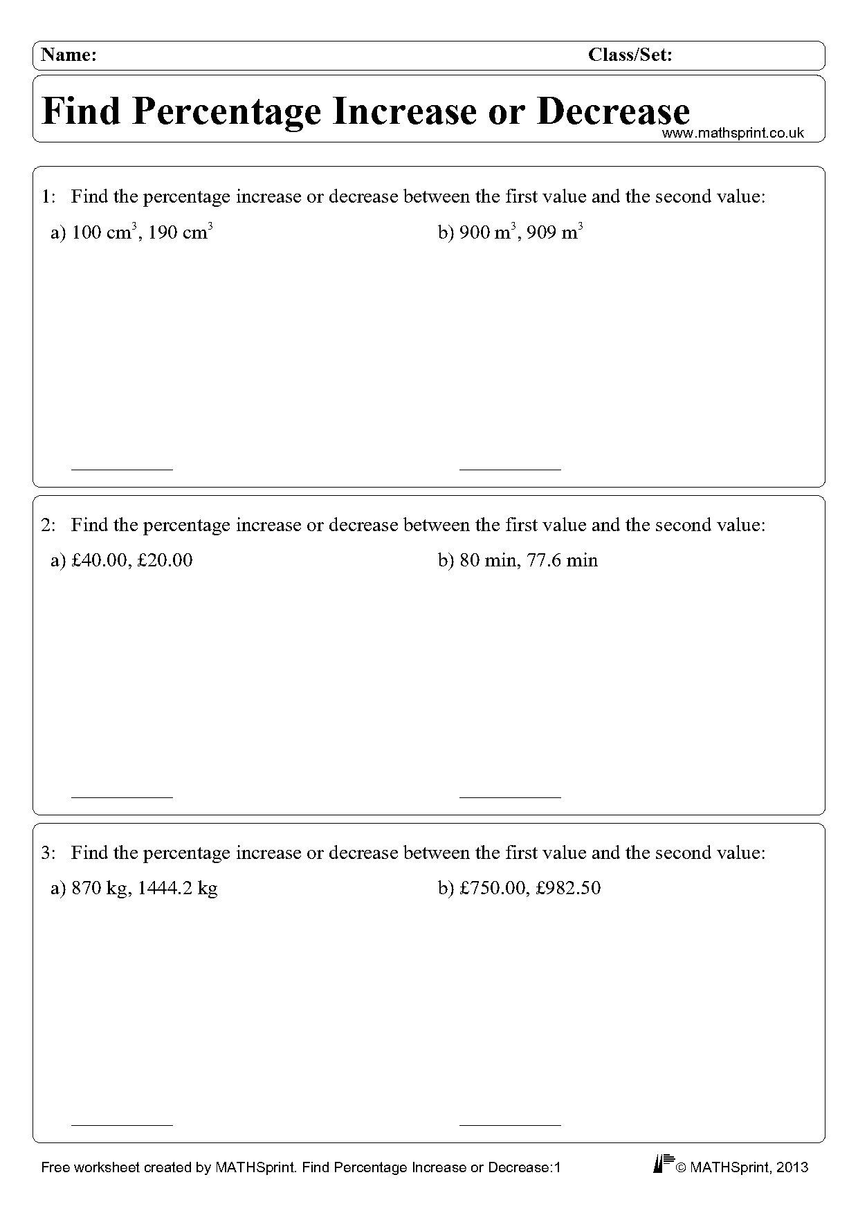 increase and decrease percentages worksheet