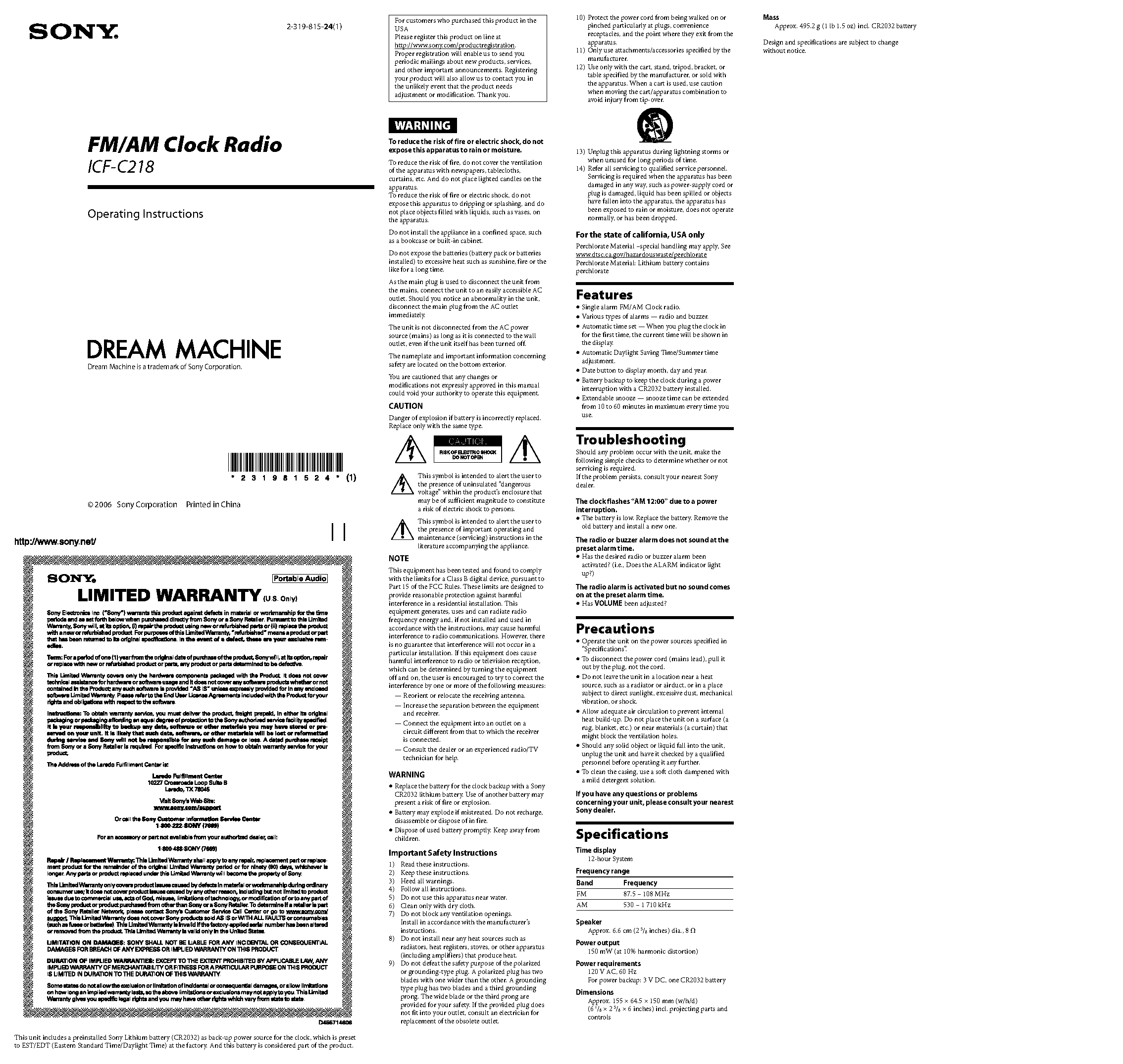 sony dream machine clock radio instruction manual