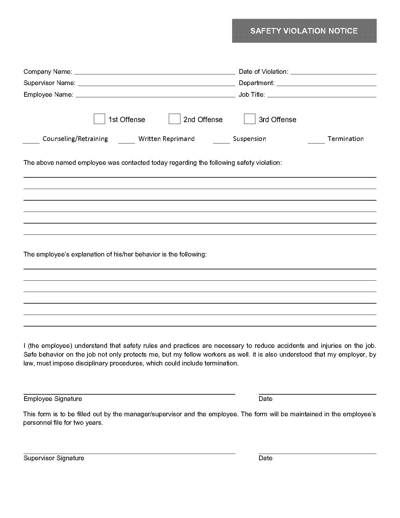 safety violation penalty format