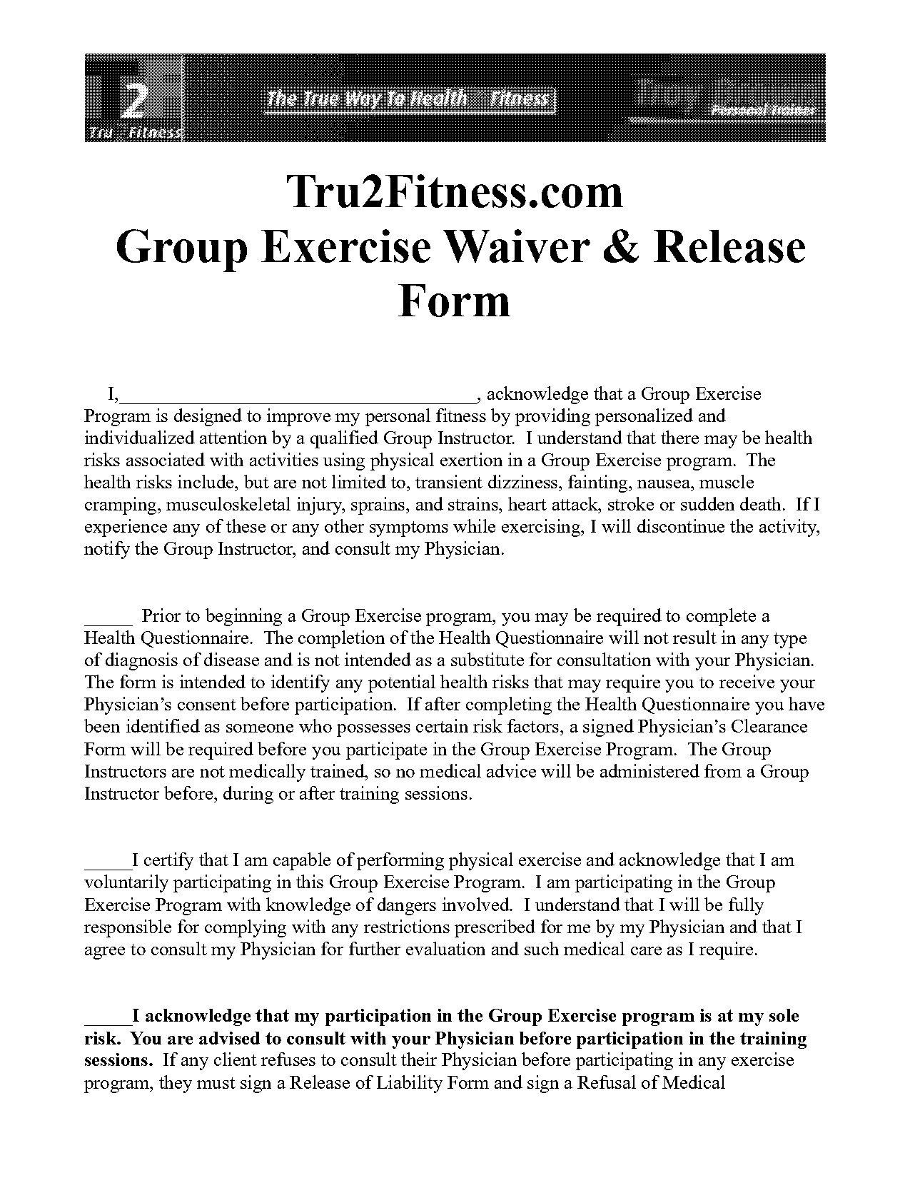 group exercise waiver and release form