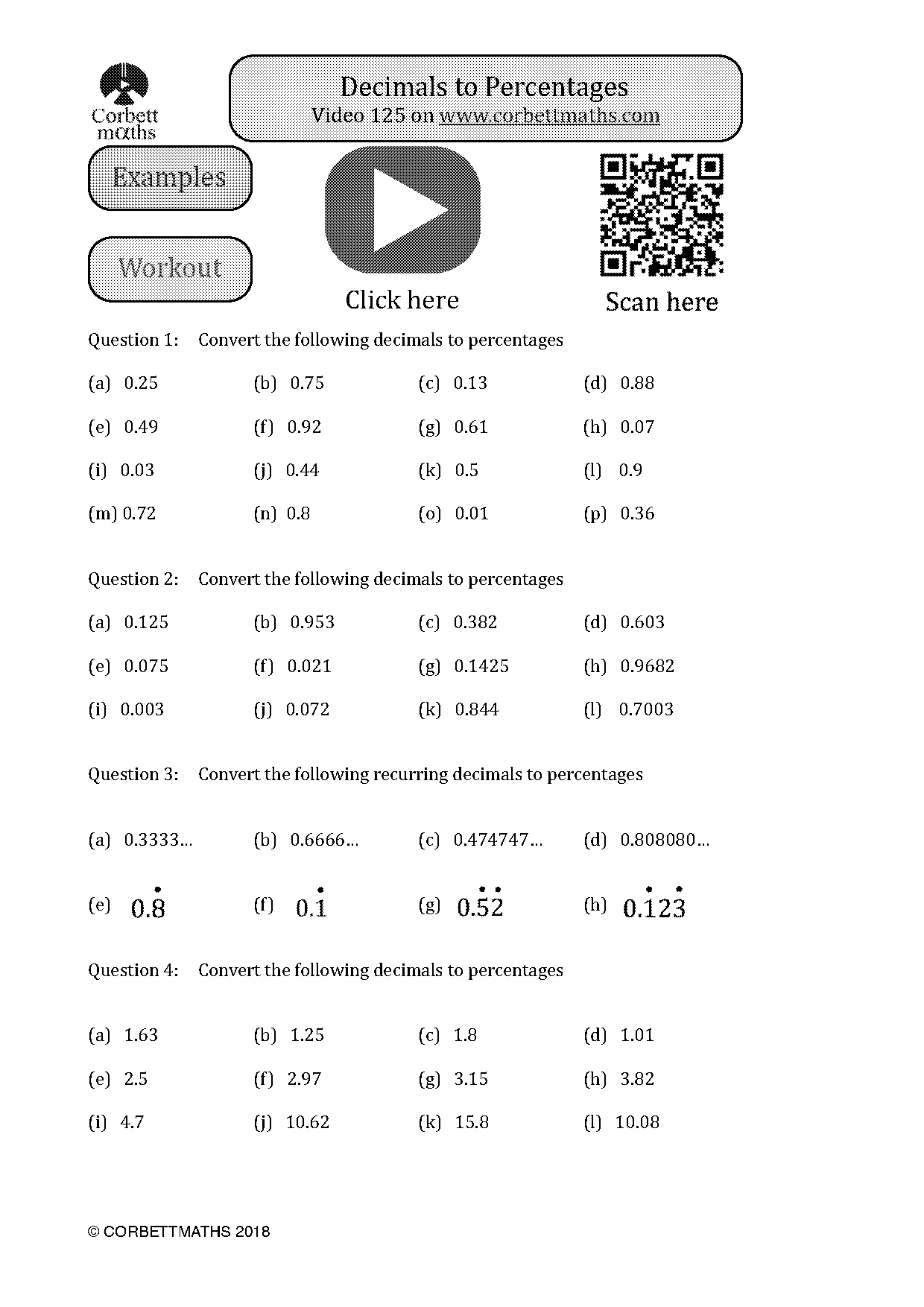 percent to decimal printable worksheets