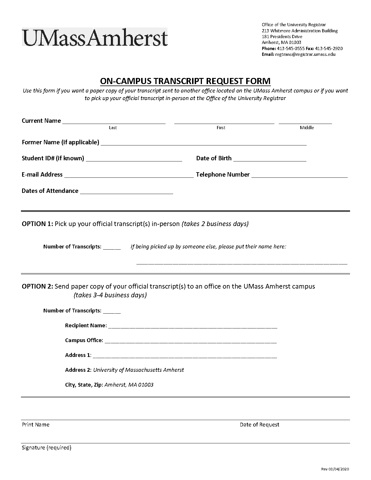 umass transcript request form