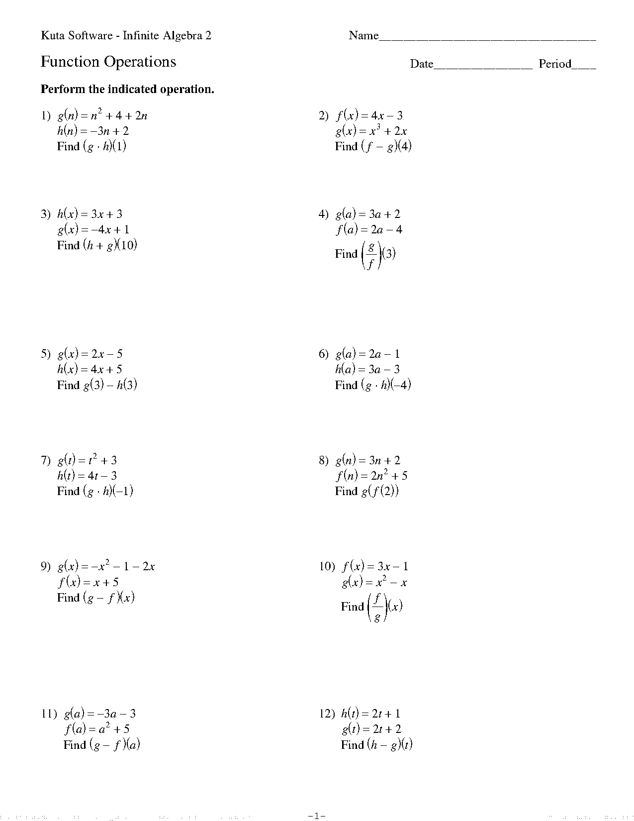 operations and compositions of functions worksheet answers