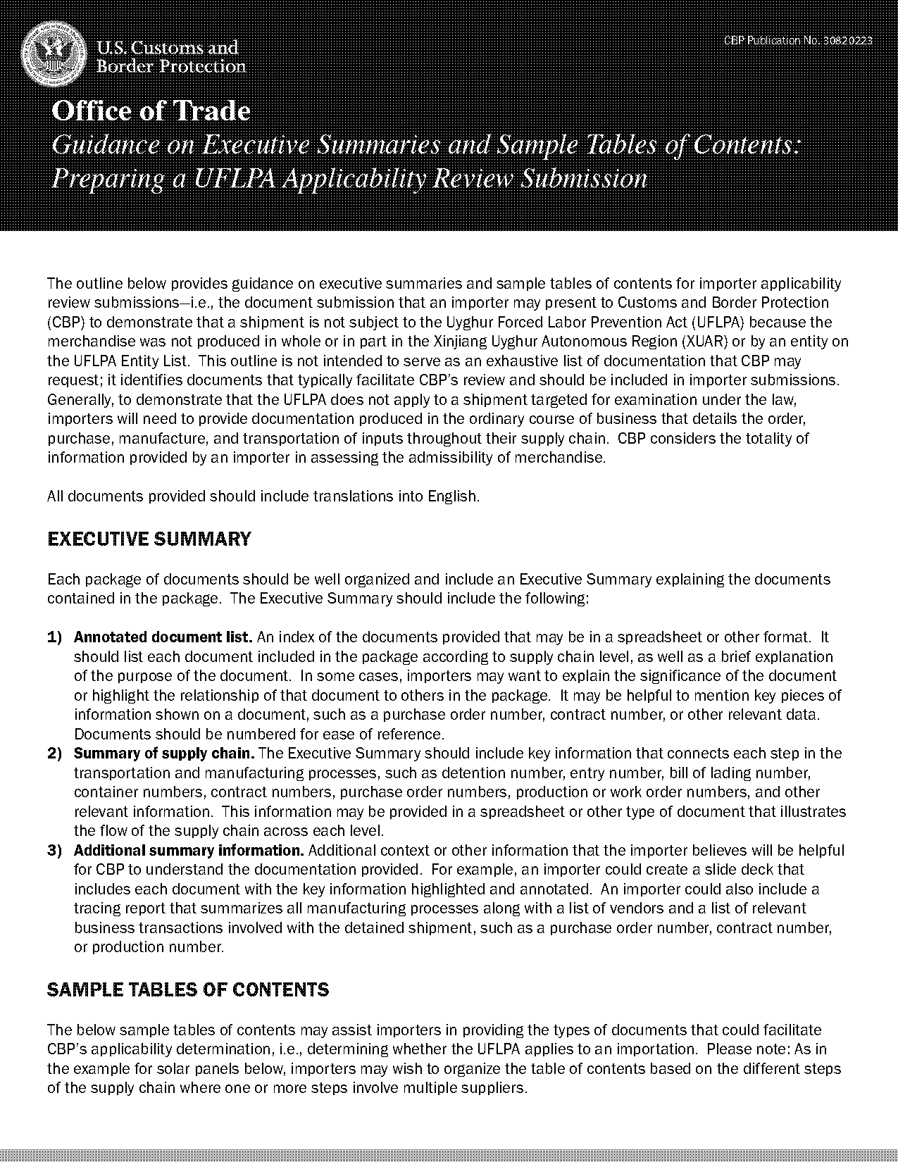 report format executive summary table of contents