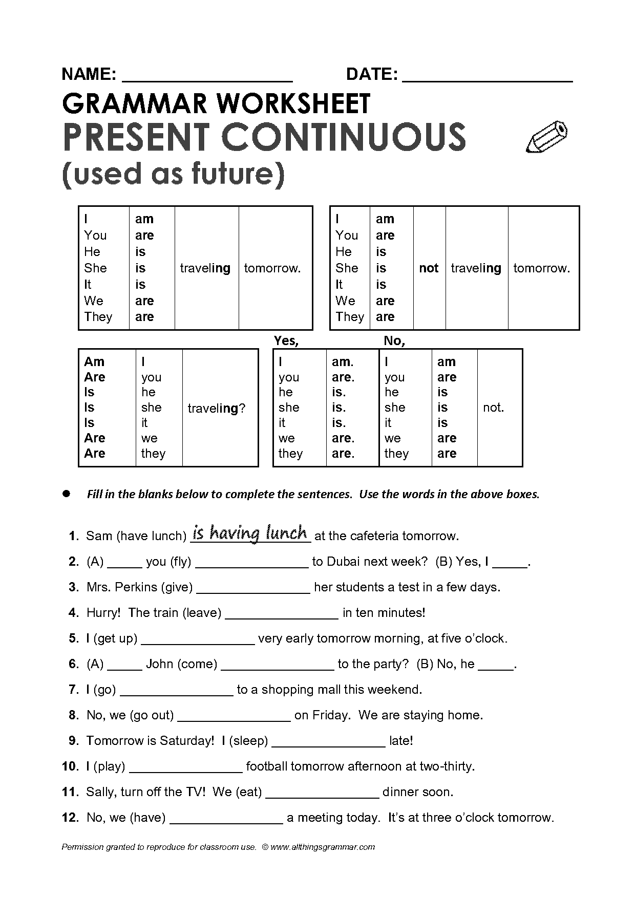 present continuous and going to worksheet