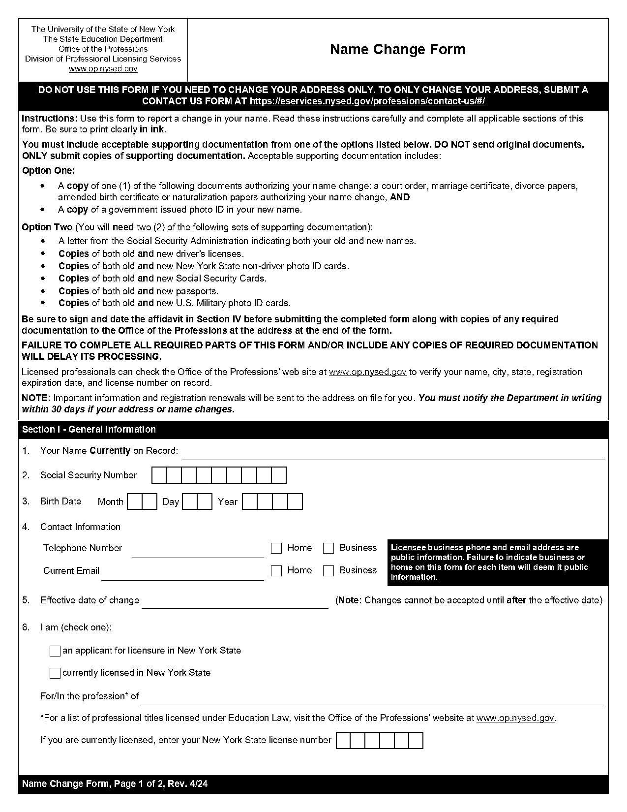 form to change nys x ray license nsme