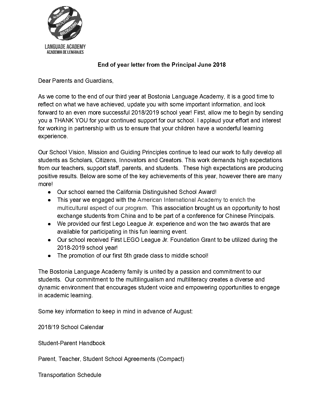 end of the year letter to elementary parents