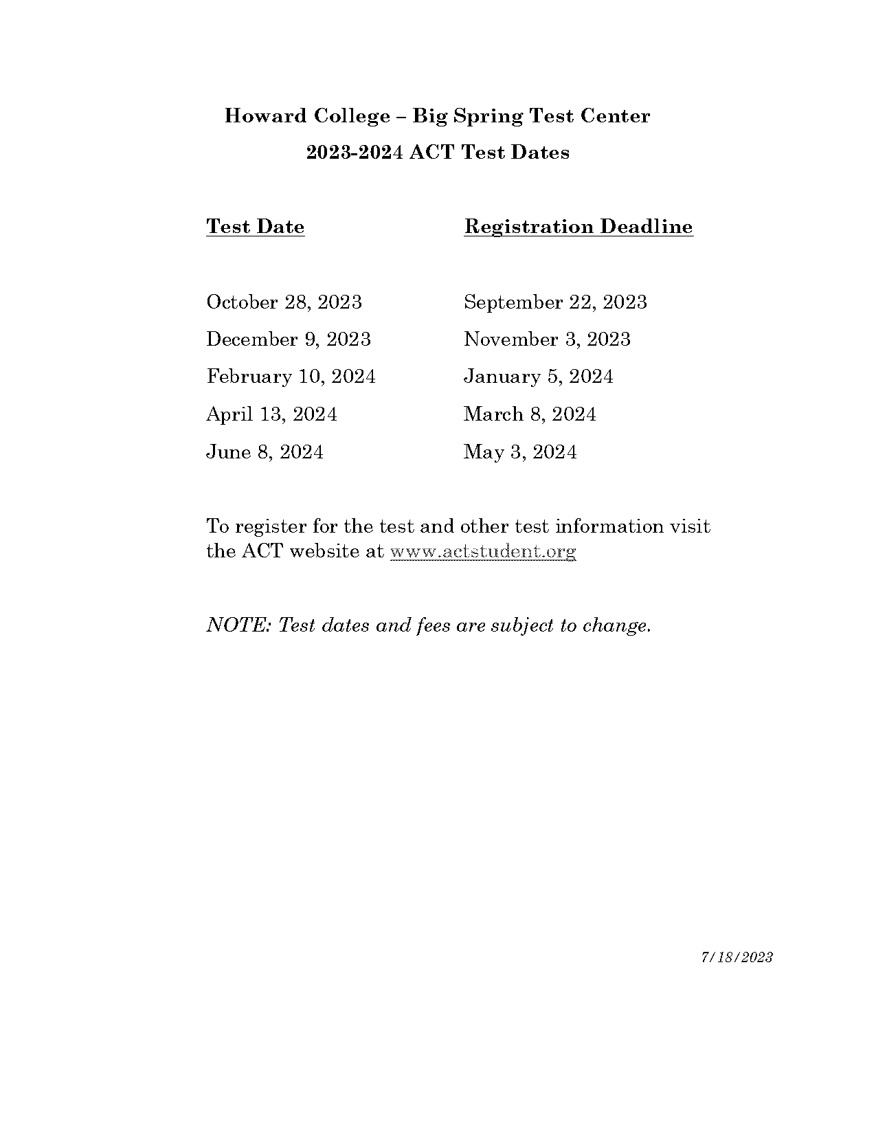 act testing center requirements