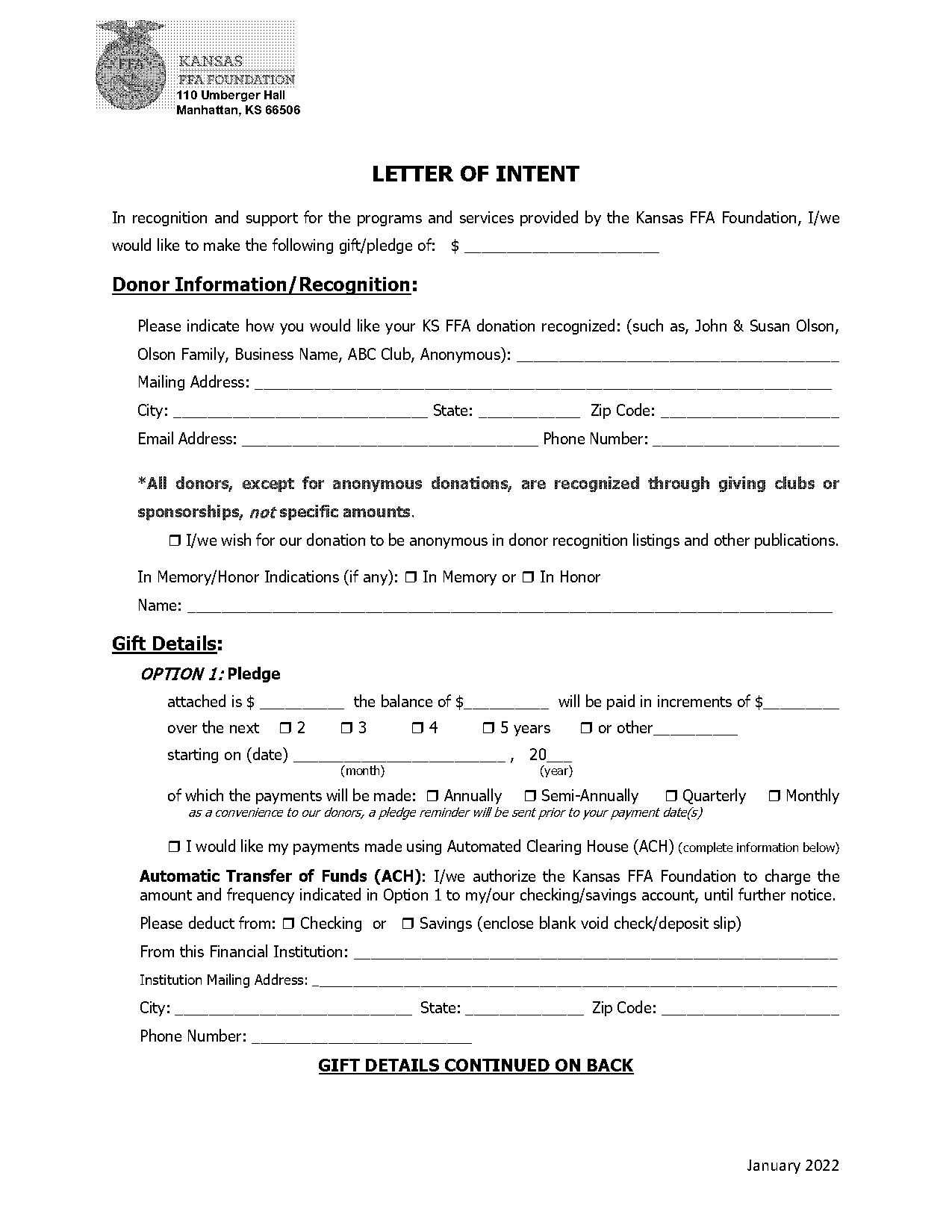 letter of intent donations