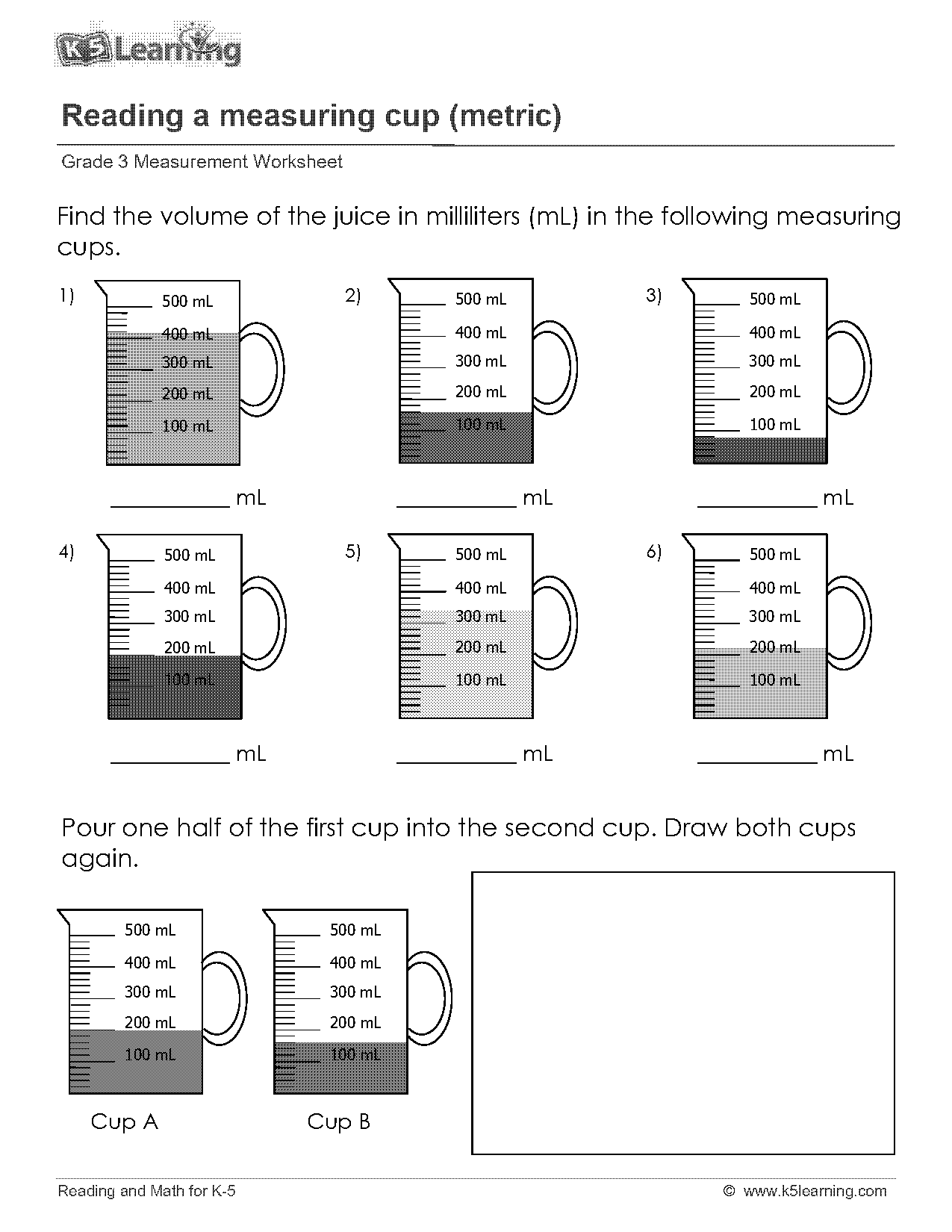 reading a measuring cup worksheet