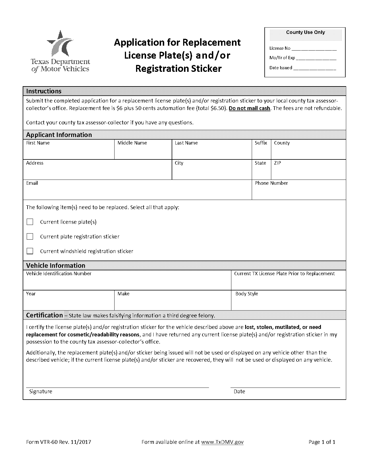 car registration form lost